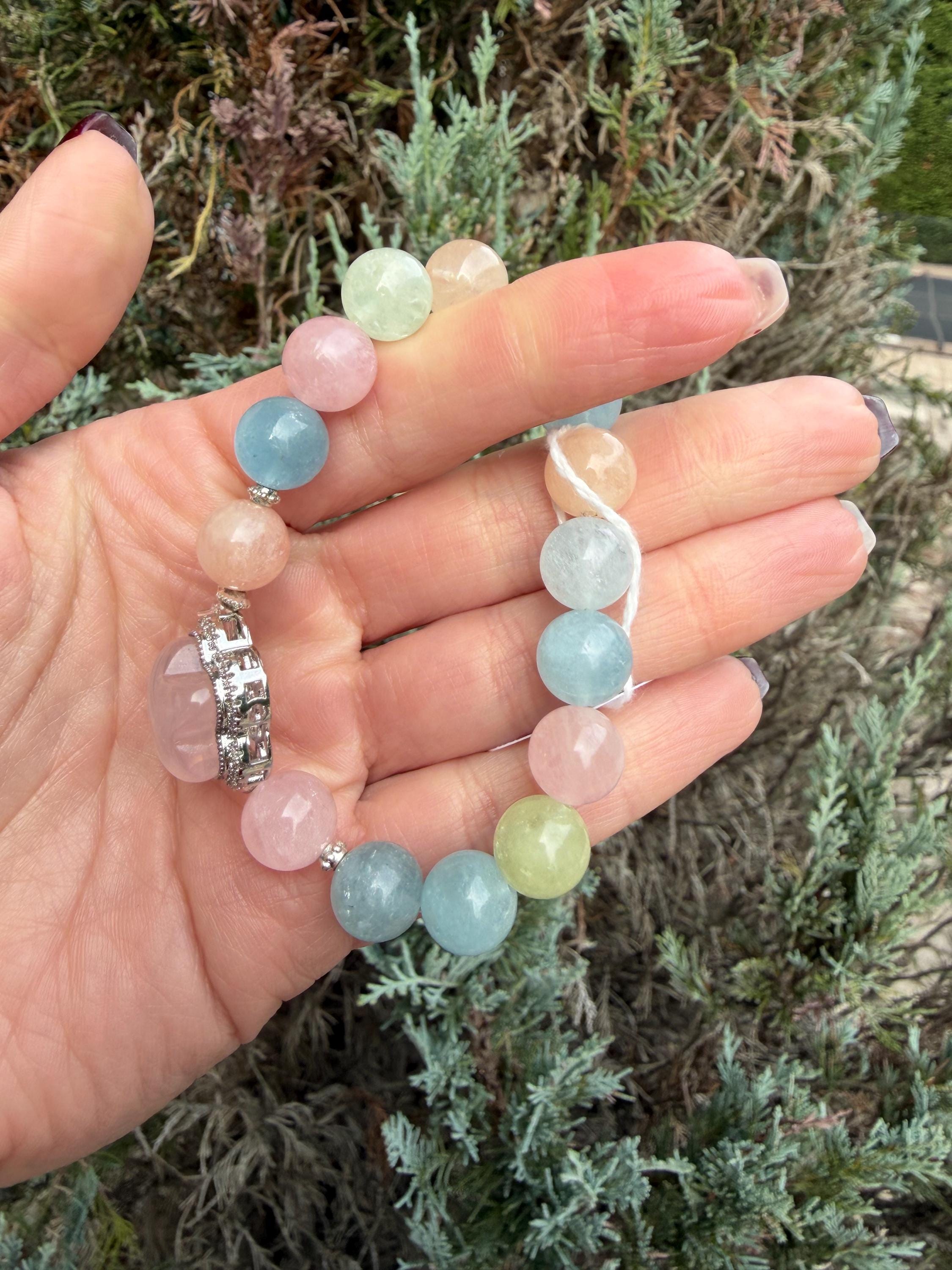 Mixed Beryl Bracelet with Rose Quartz Flower Charm • Aquamarine, Morganite, Heliodor Jewelry 9