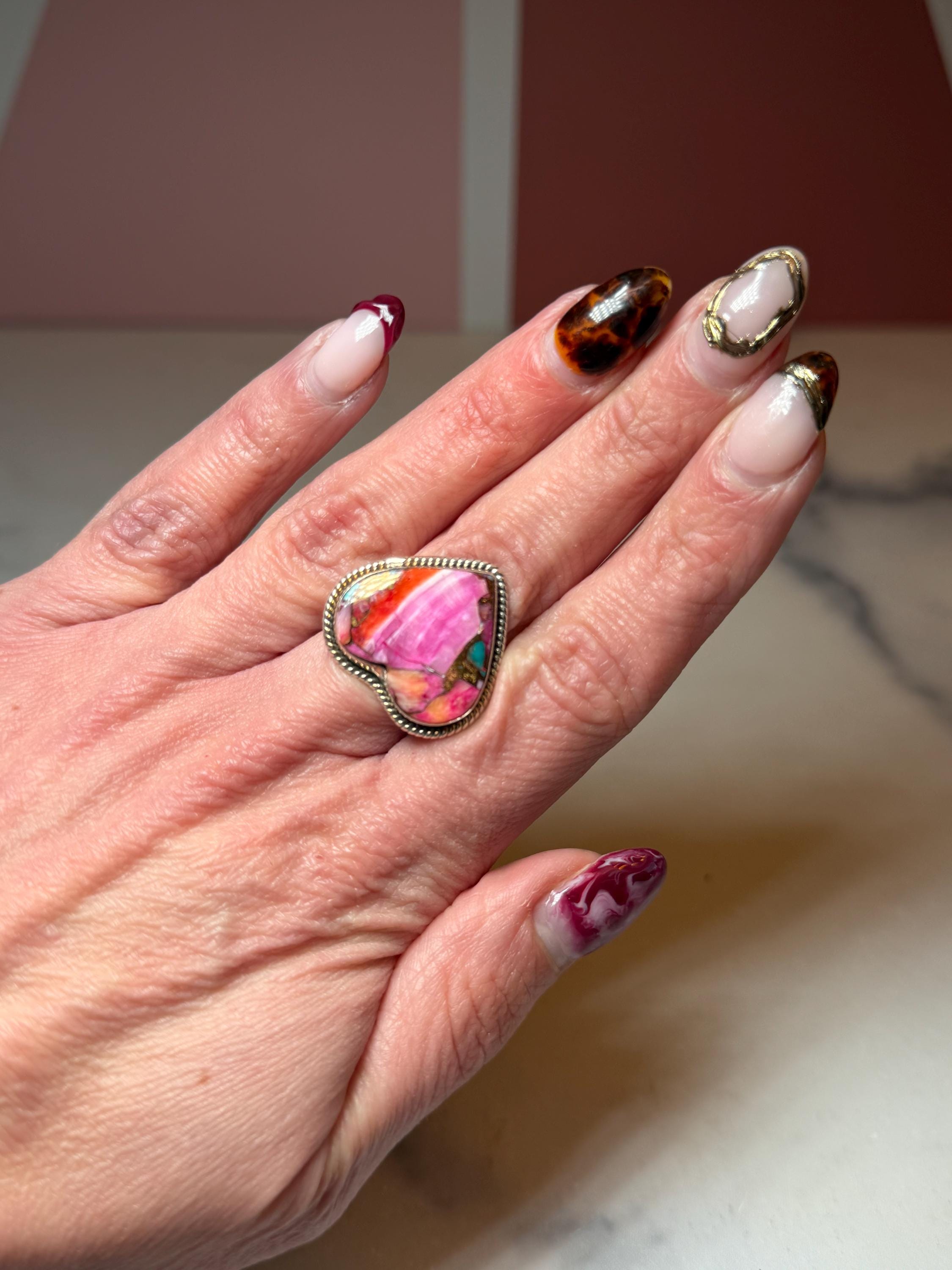 Pink Dahlia Heart Ring • Sterling Silver • Boho Gemstone Jewelry (size 7) 7