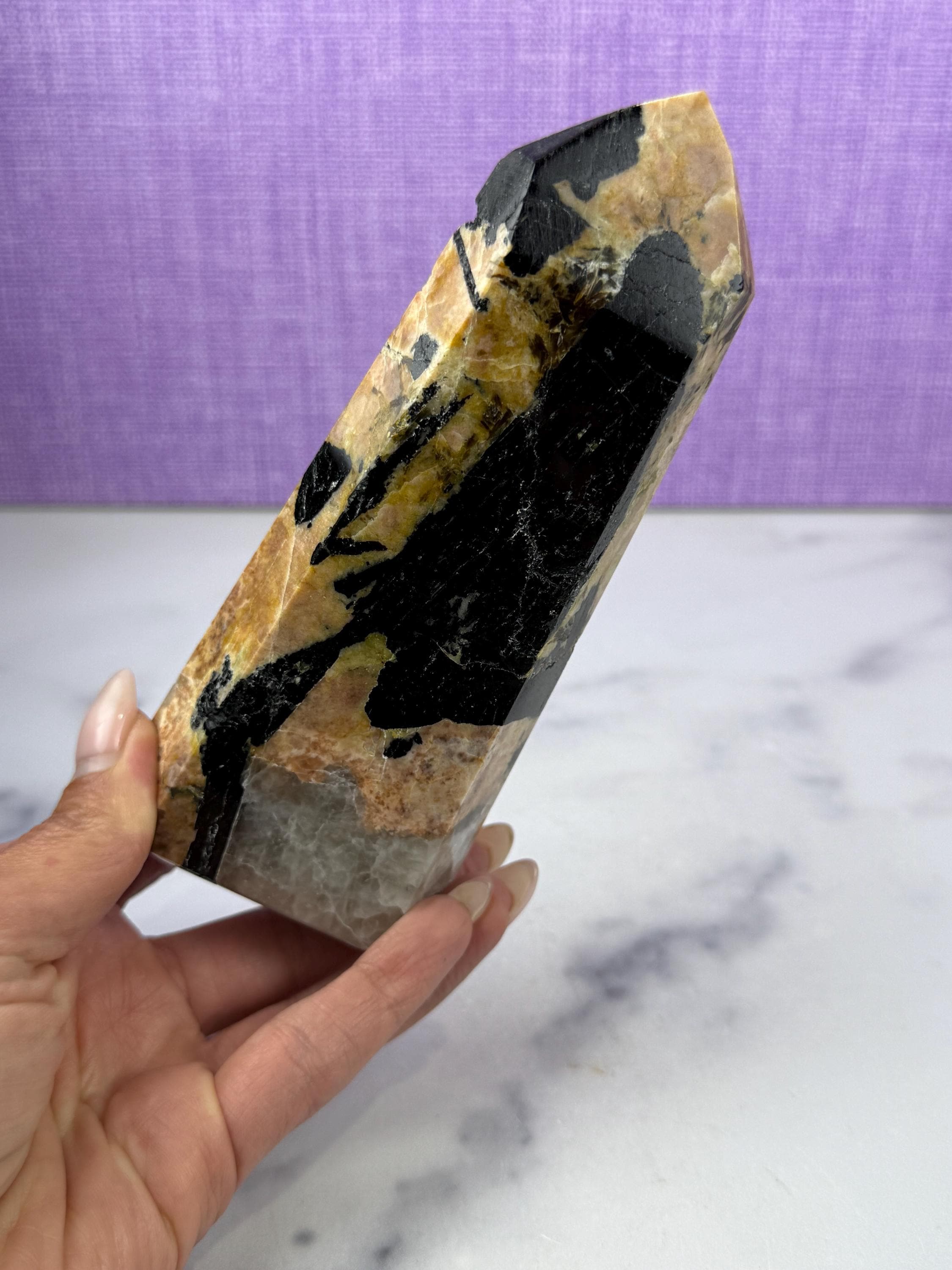 Polished Black Tourmaline Quartz Feldspar Crystal Tower, Protection Healing Stone, Spiritual Decor 3