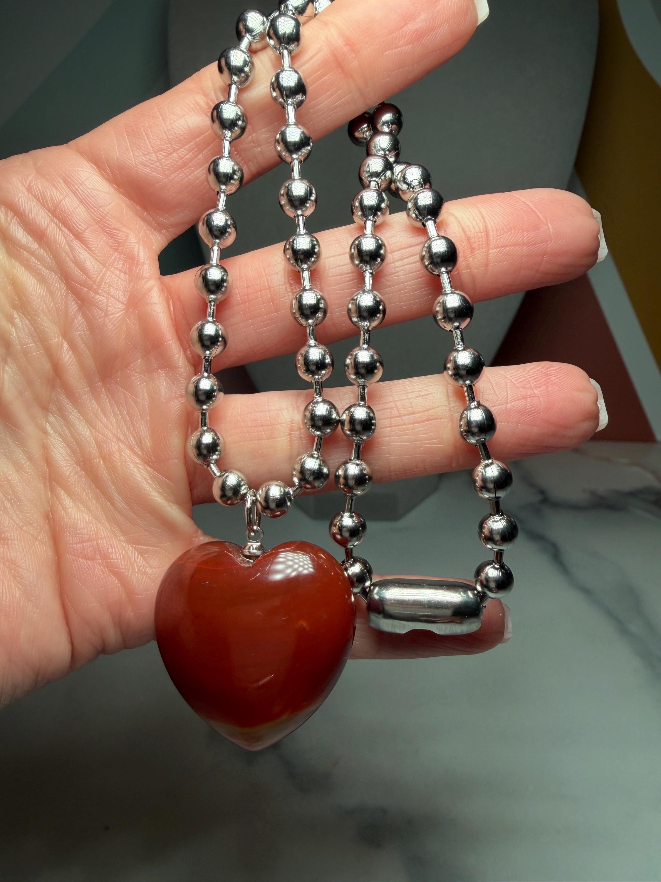 Sterling Silver Carnelian Heart Necklace, 17 Inch Ball Chain Pendant 4