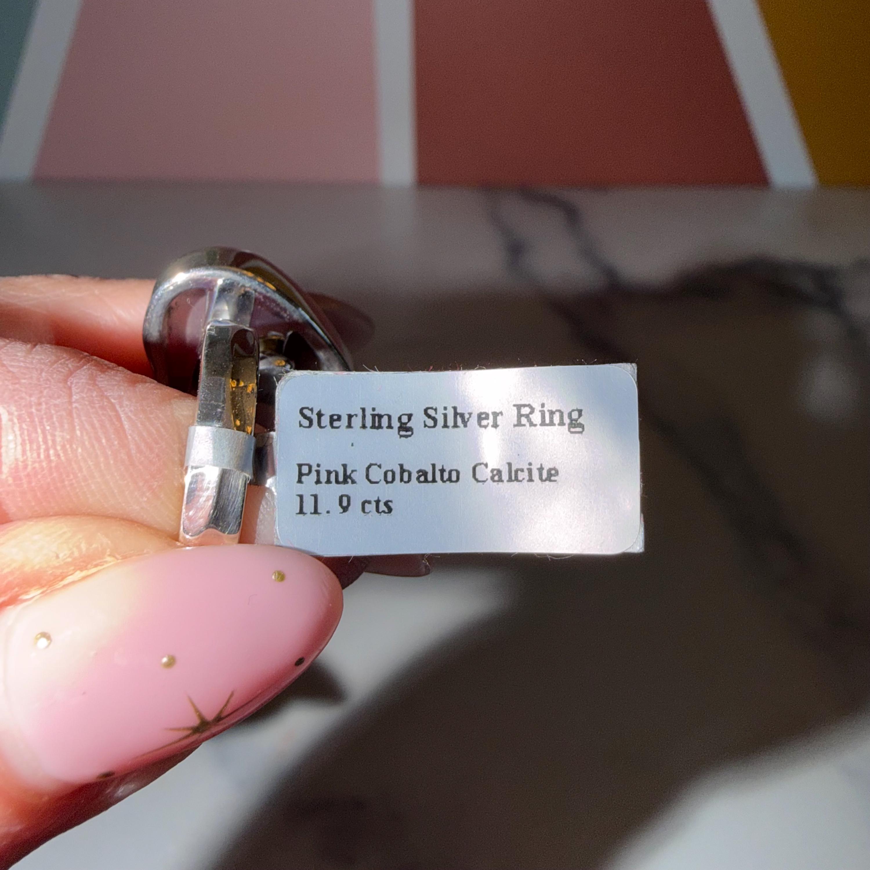 Pink Cobalto Calcite Heart Ring • Sterling Silver Hammered Band • Size 7.75 6