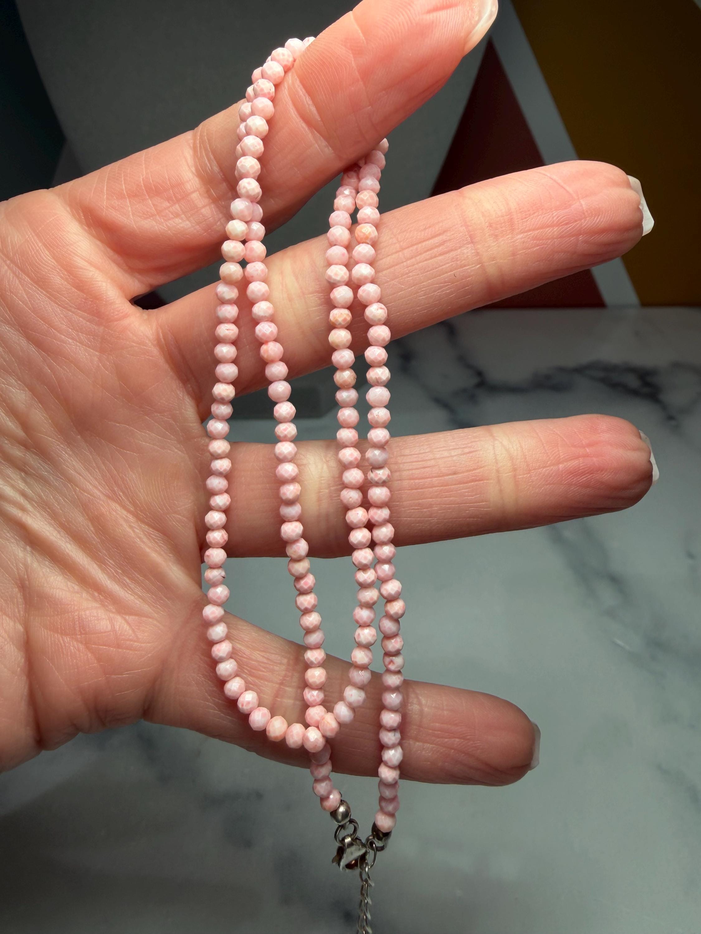 Dainty Pink Opal Beaded Necklace, Sterling Silver Chain, Adjustable Length 4