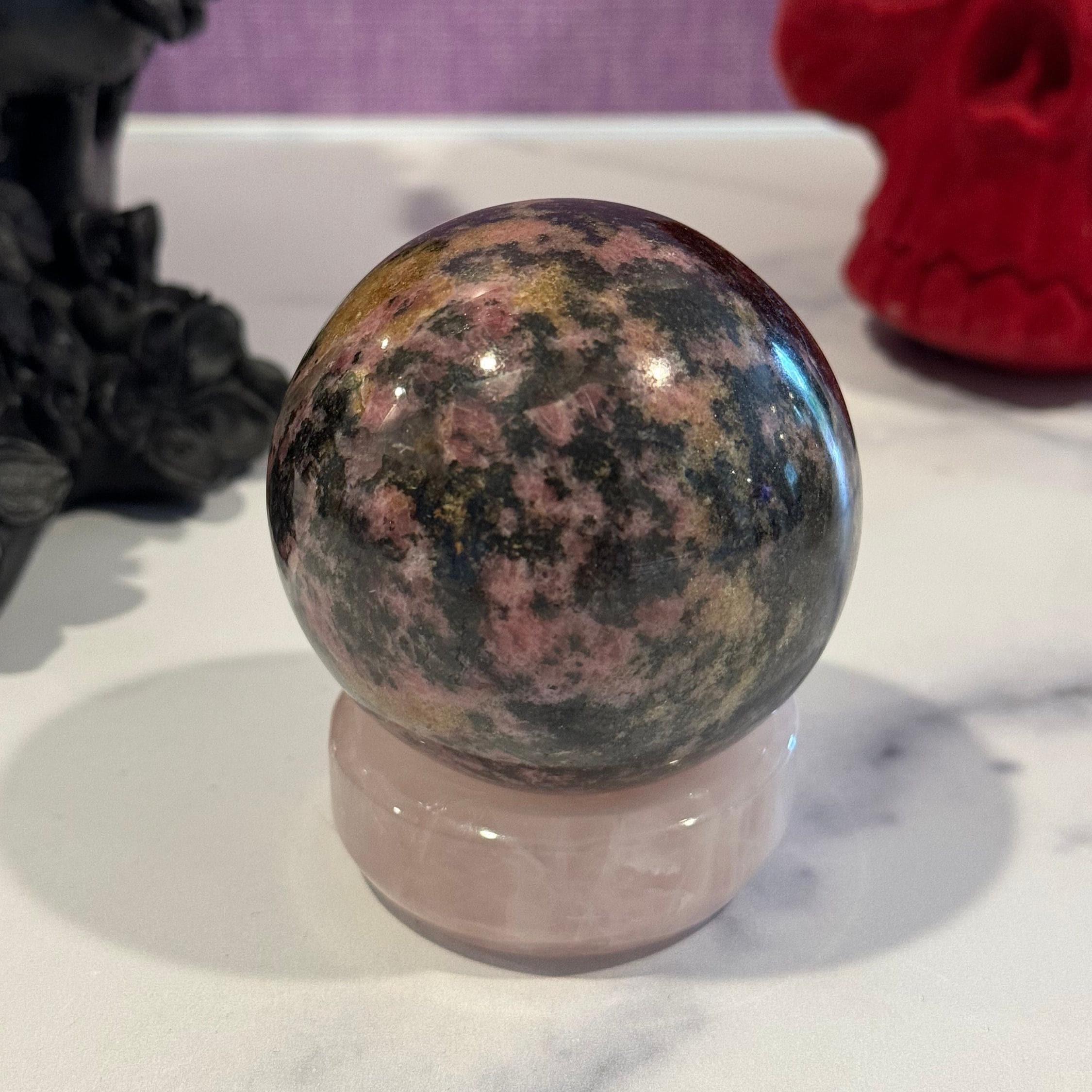 Sunset Rhodonite Sphere • 63mm Madagascar Crystal Ball • Heart Chakra Decor 2