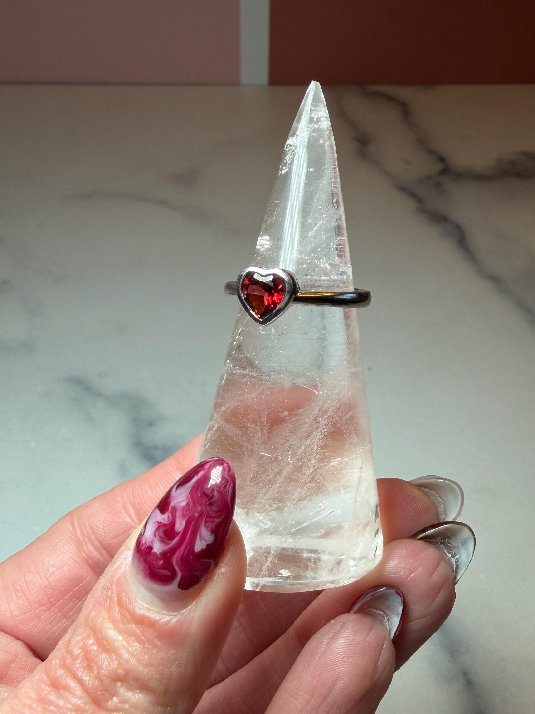 Faceted Garnet Heart Ring • Dainty Sterling Silver Boho Jewelry (size 6.25) 4