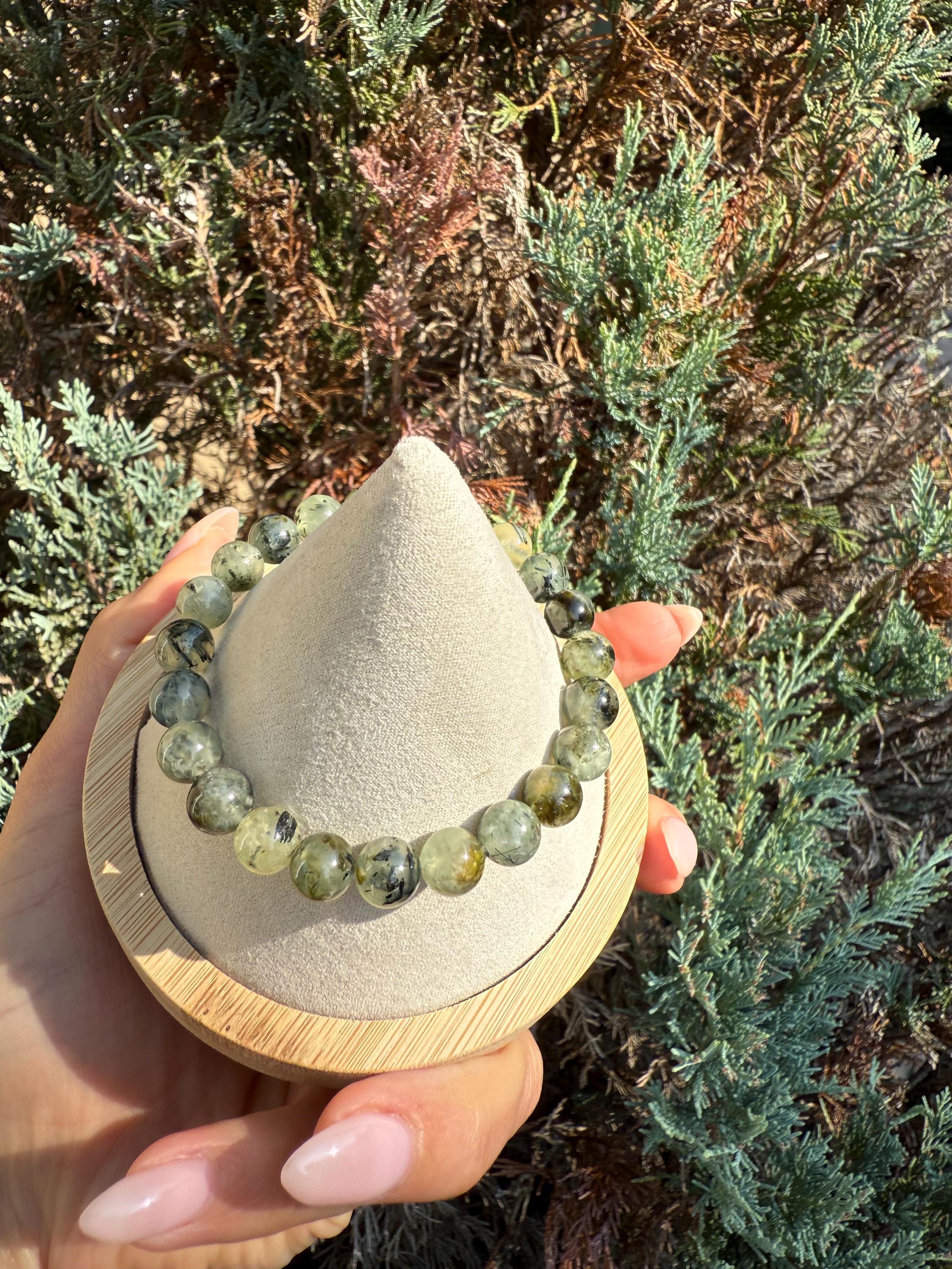 Prehnite & Epidote Crystal Beaded Stretch Bracelet: Natural Gemstone, Heart Chakra 8