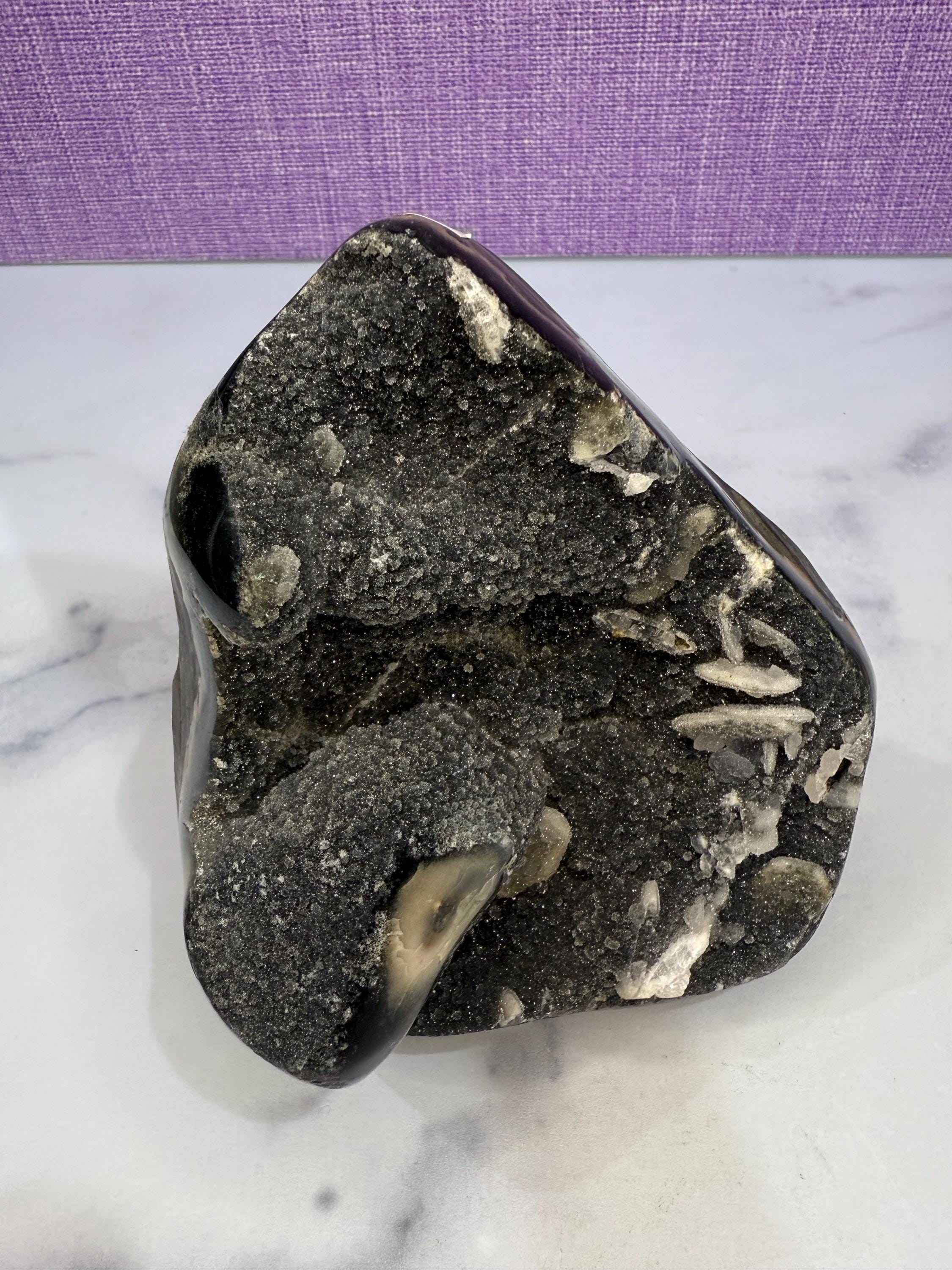 XL Black Amethyst Druzy Cut Base with Calcite • Sparkling Crystal Cluster • Spiritual Decor 3
