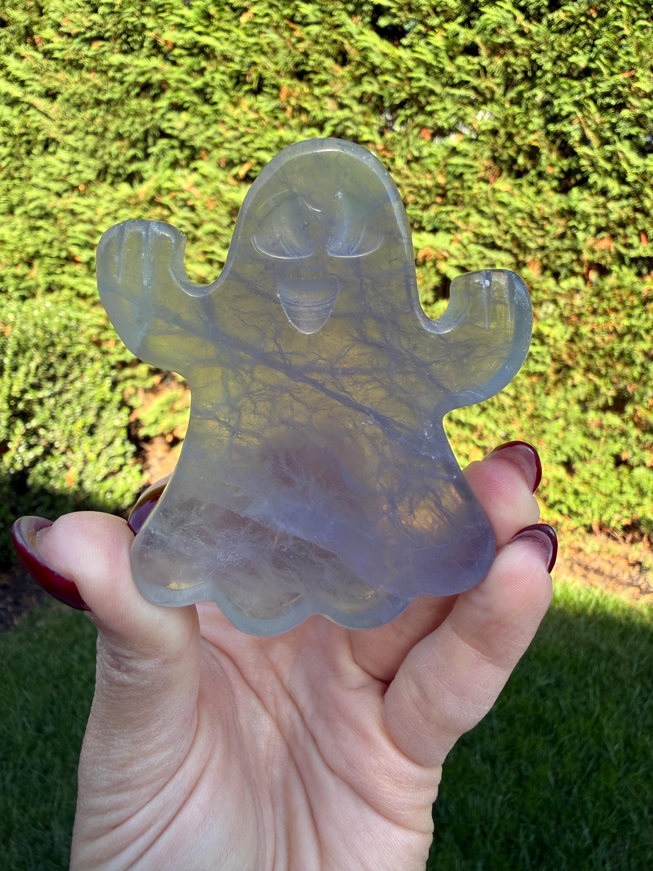 Hand Carved Fluorite Ghost Crystal • Purple Green Spirit Figurine Halloween Decor 3
