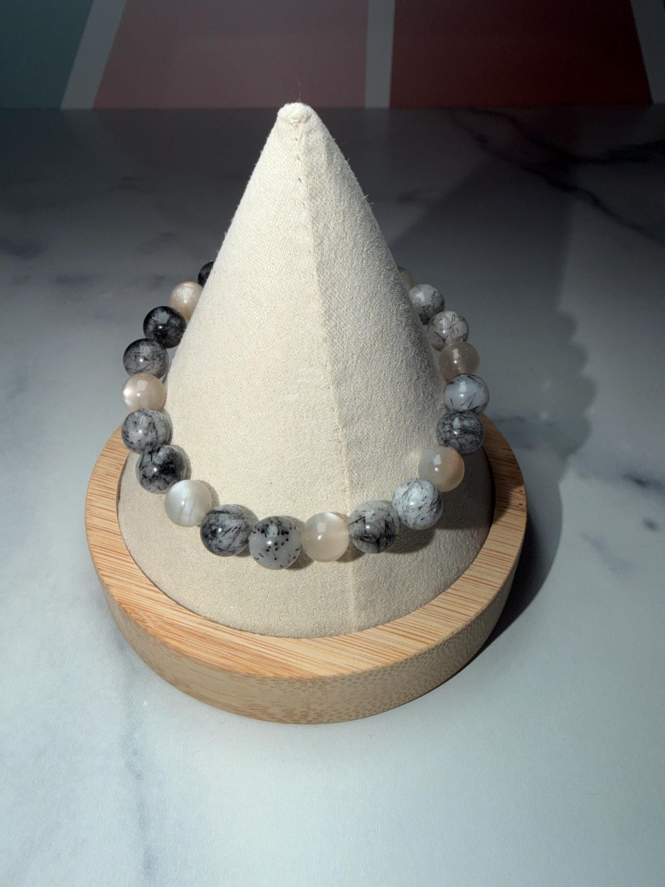 Moonstone and Tourmalated Quartz Stretch Beaded Bracelet, Intuition Protection Balance Jewelry (8.5mm) 5