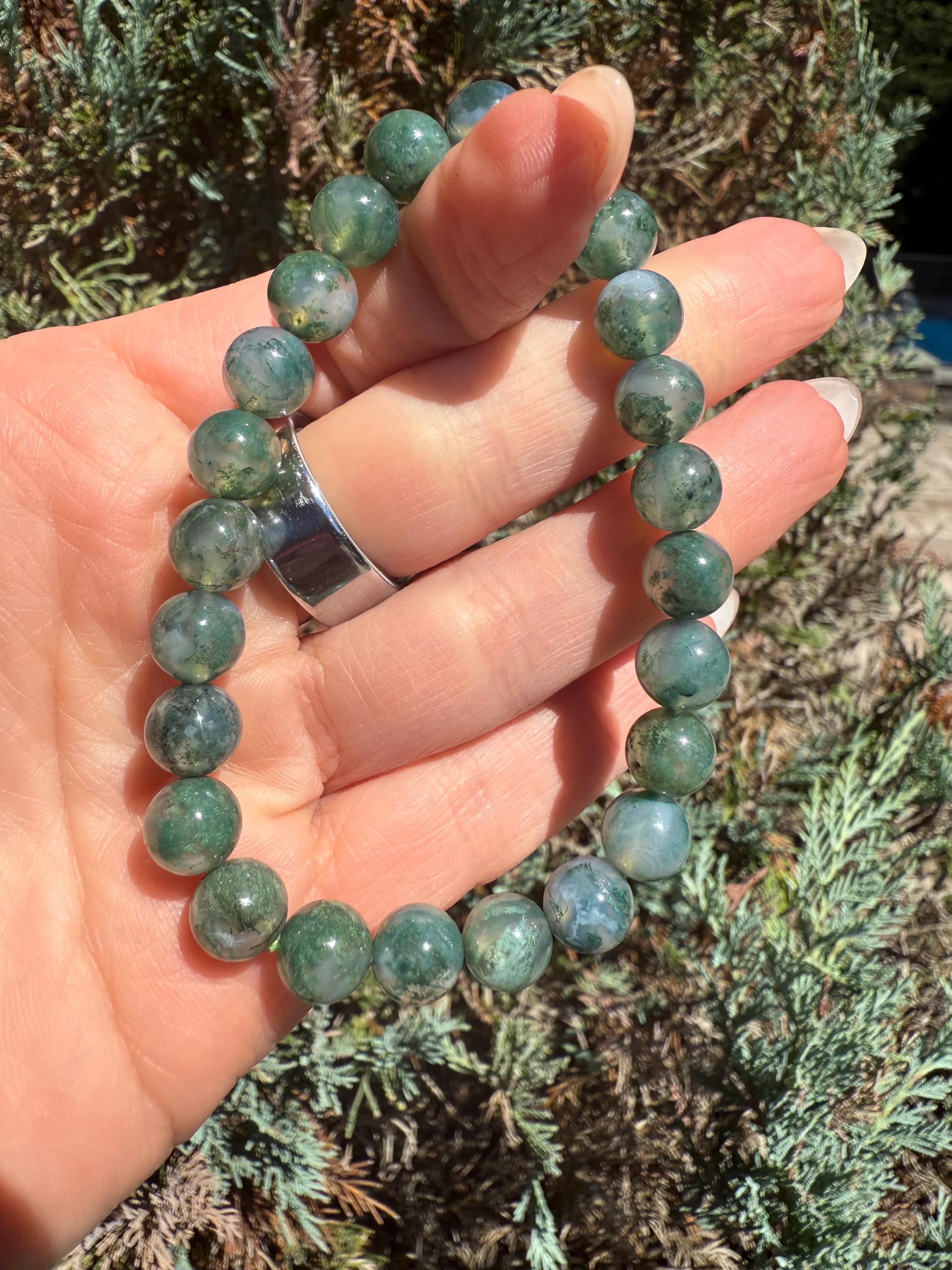 Moss Agate Stretch Beaded Bracelet, Grounding Crystal Healing Jewelry (9mm) 5