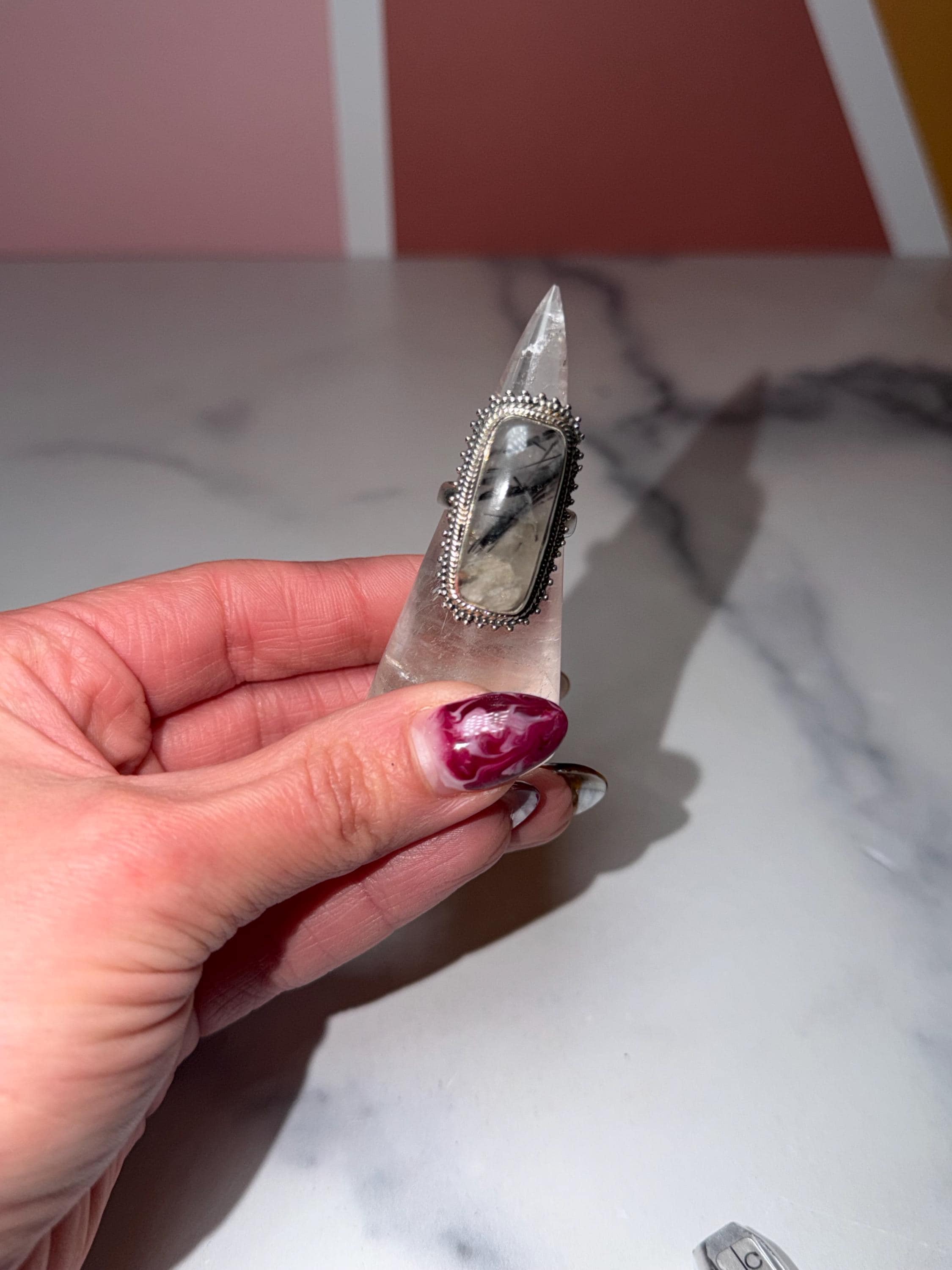 Sterling Silver Tourmaline Quartz Ring • Size 7 Statement Gemstone Boho Jewelry 8