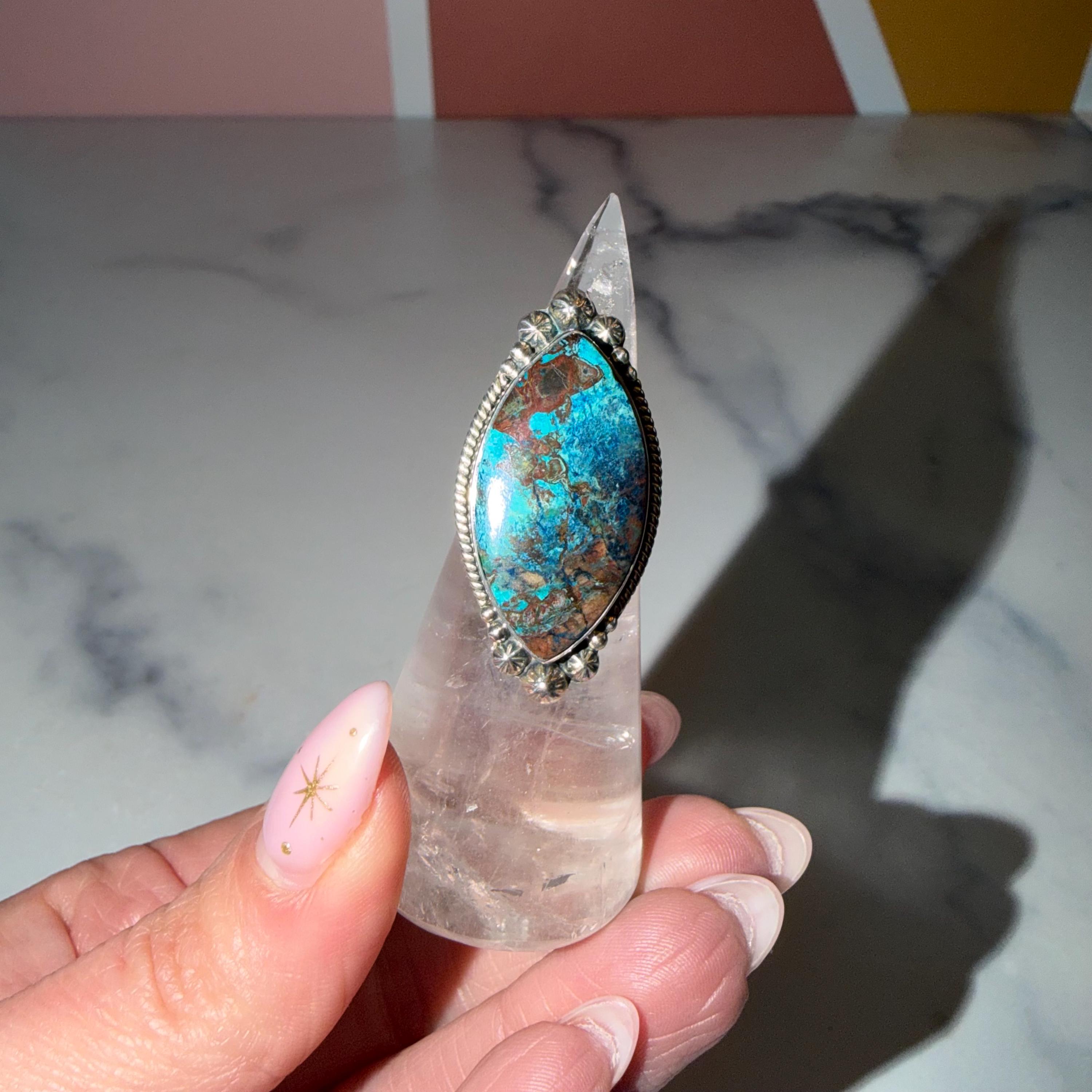 Chrysocolla Marquise Ring • Sterling Silver Blue Green Gemstone Boho Statement (Size 6) 5