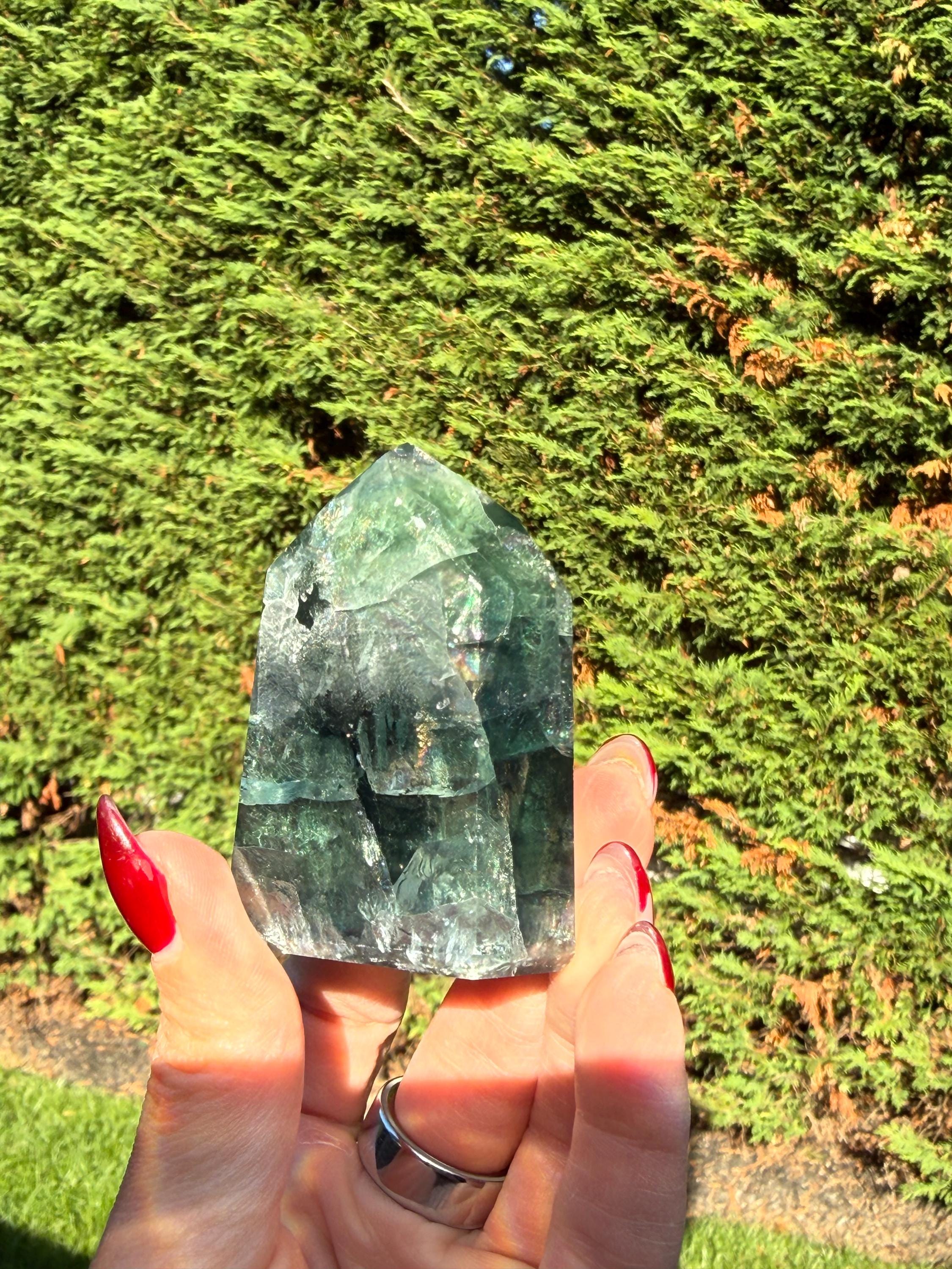 Green Fluorite Crystal Tower from Brazil: Polished Fluorite Point 2