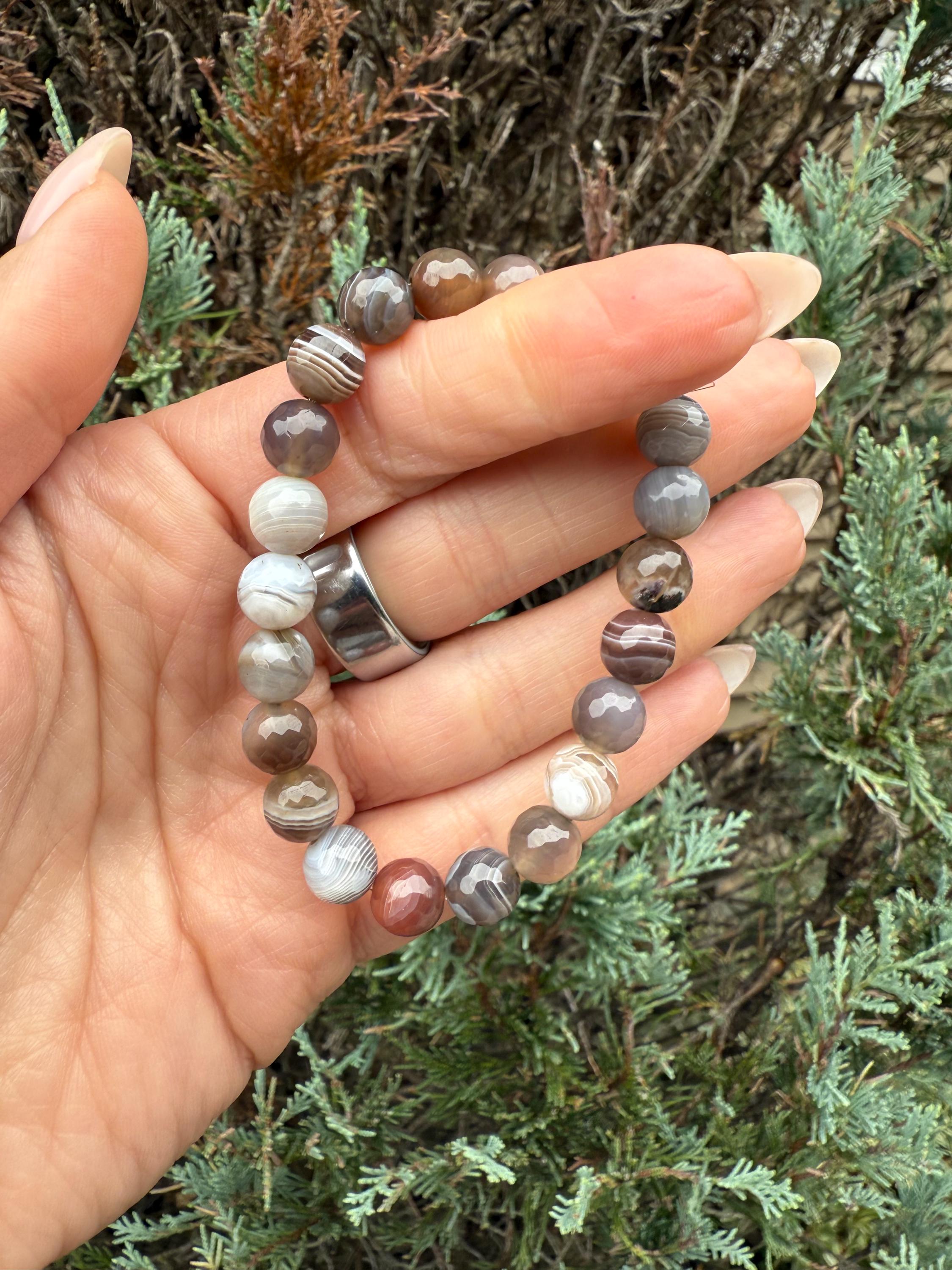 Faceted Botswana Agate Stretch Beaded Bracelet, Natural Gemstone, Grounding Crystal Jewelry (8mm) 10