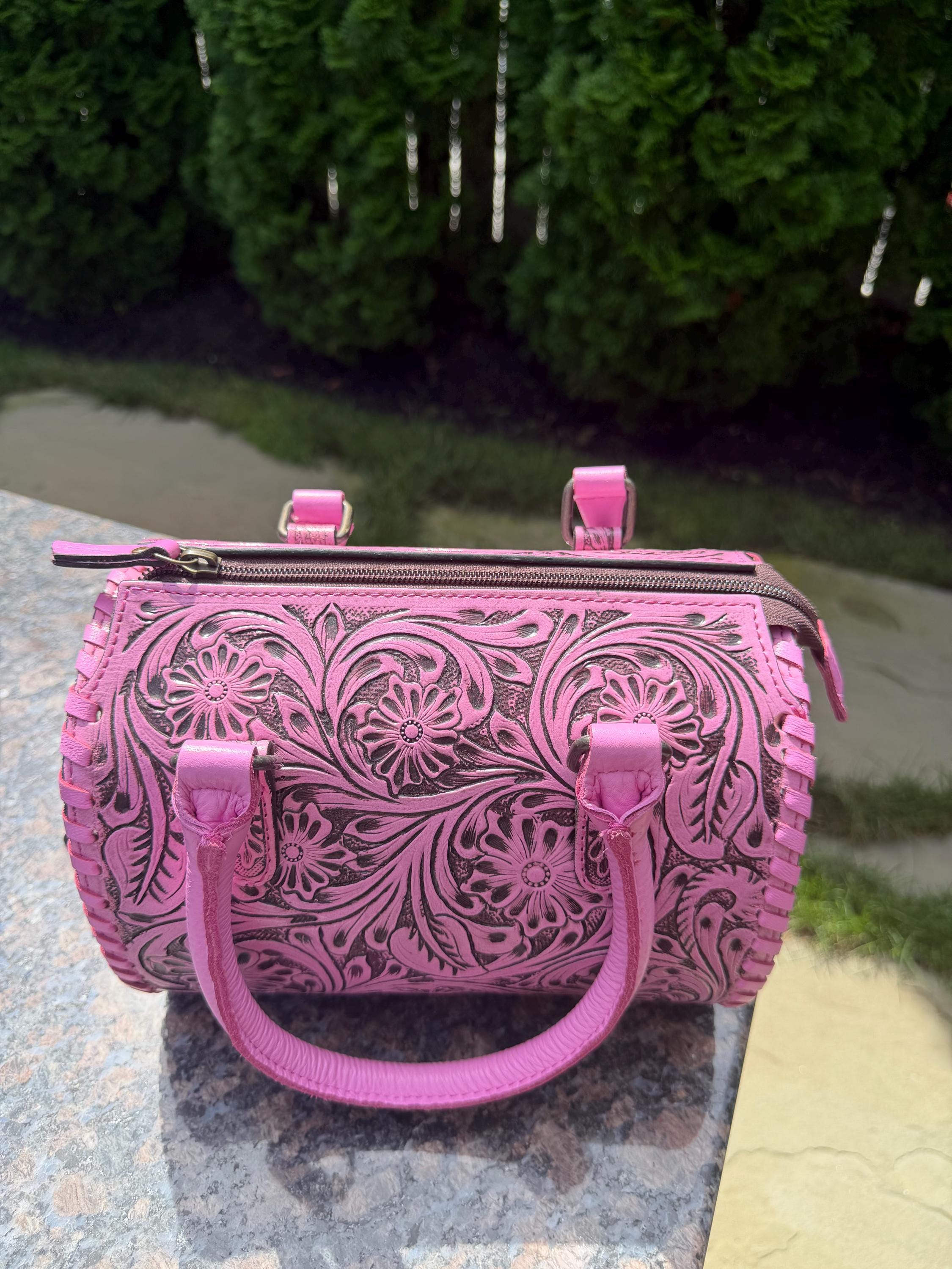 Small Pink Tooled Leather Speedy Bag – Western Floral Handbag 7