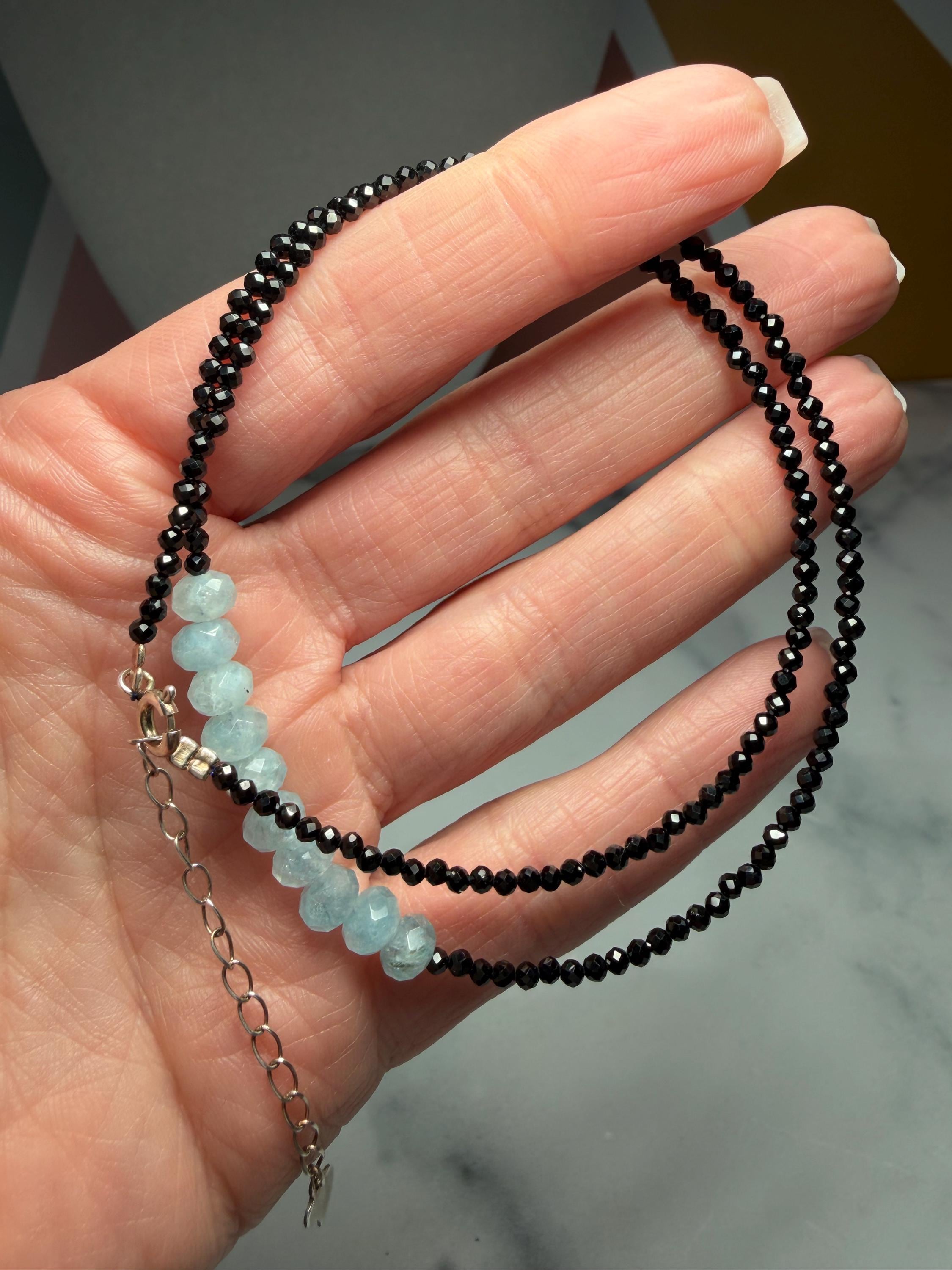 Faceted Black Spinel Aquamarine Sterling Silver Necklace (16 Inch + 2 Inch Extender) 2