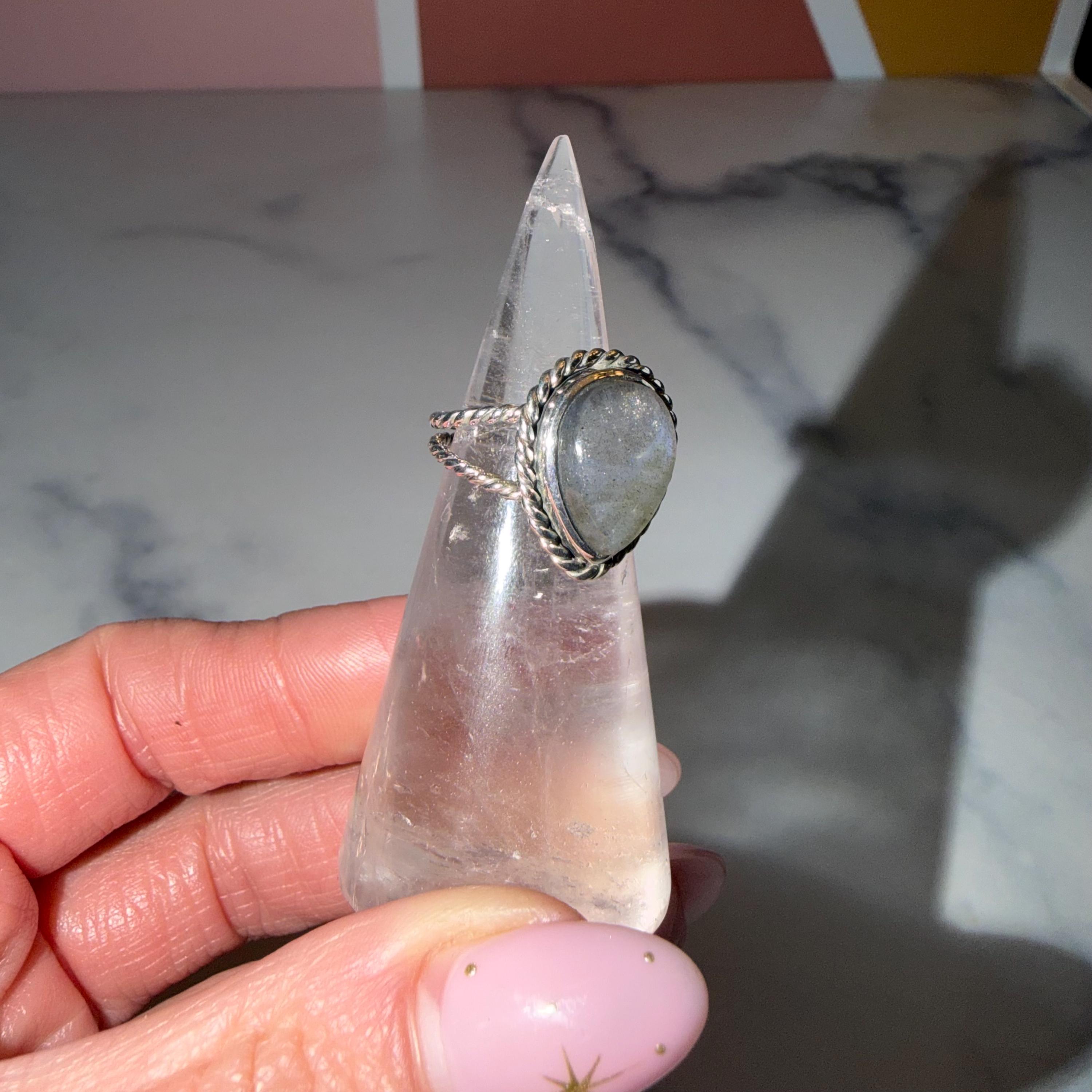 Flashy Labradorite Ring, Sterling Silver Rope Double Shank Band, Boho Statement Jewelry (size 5.25) 6