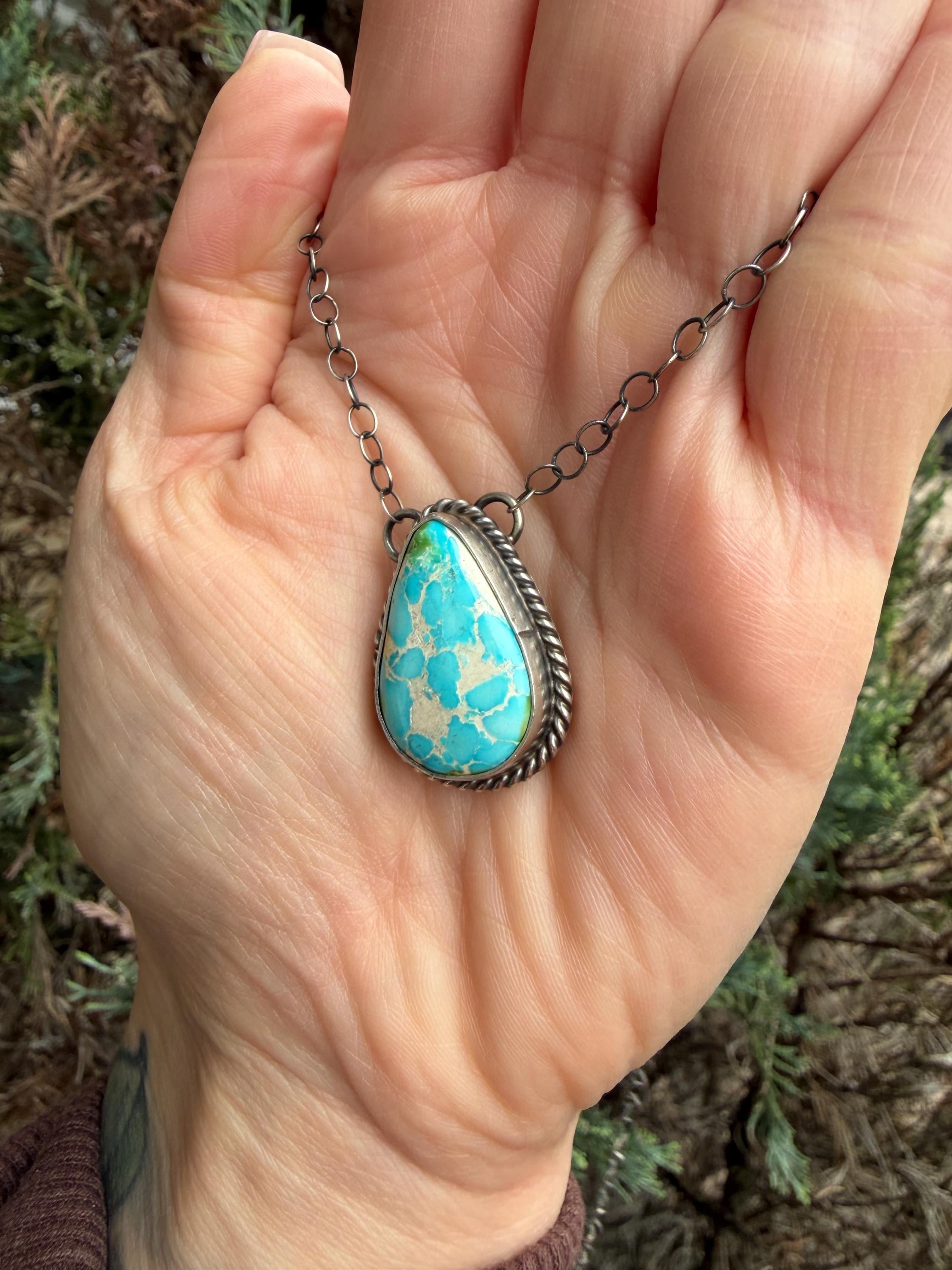 Sonoran Gold Turquoise Teardrop Bar Necklace, Sterling Silver, Southwest Artisan Stamped, 19.5 Inch Chain 3