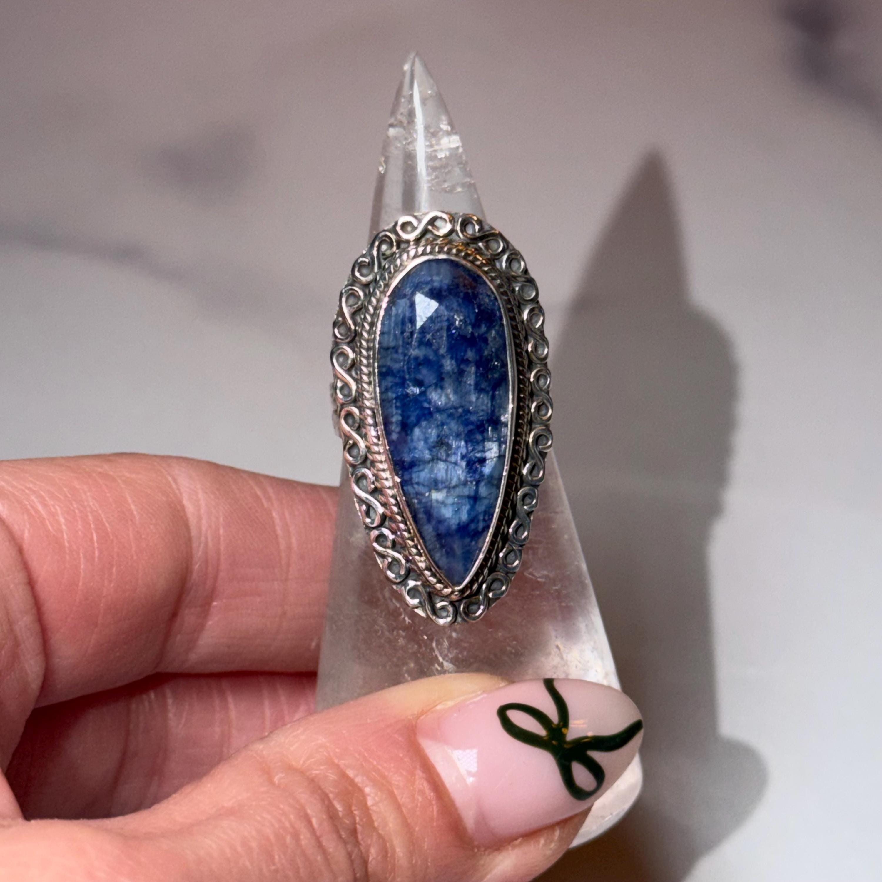 Large Blue Kyanite Statement Ring • Sterling Silver Double Shank Band (Size 7)