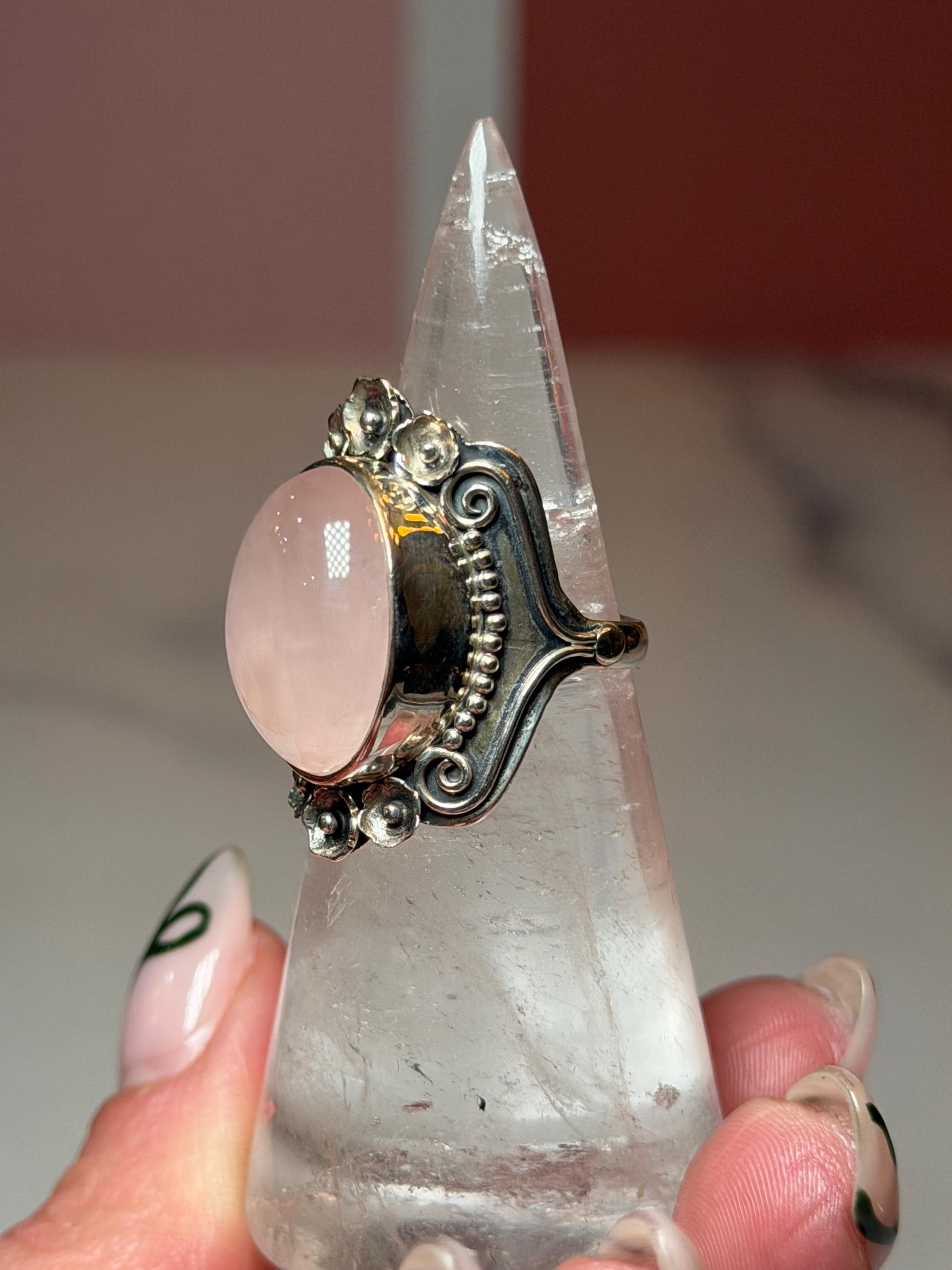 Rose Quartz Sterling Silver Floral Ring, Size 7, Romantic Gemstone Jewelry 4