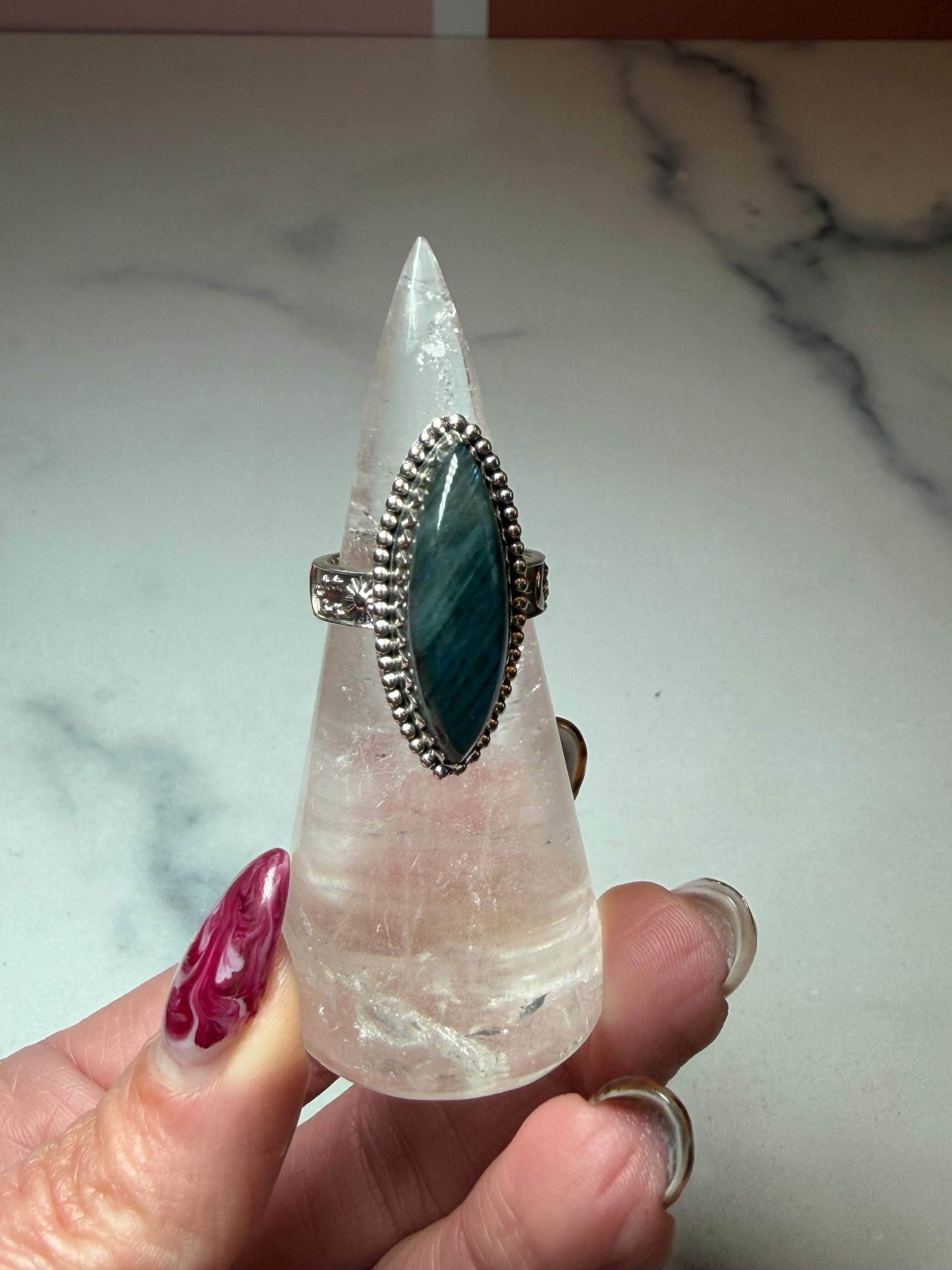 Marquis Labradorite Ring • Sterling Silver • Blue Green Flash Gemstone • Boho Statement Jewelry (size 6.5) 3