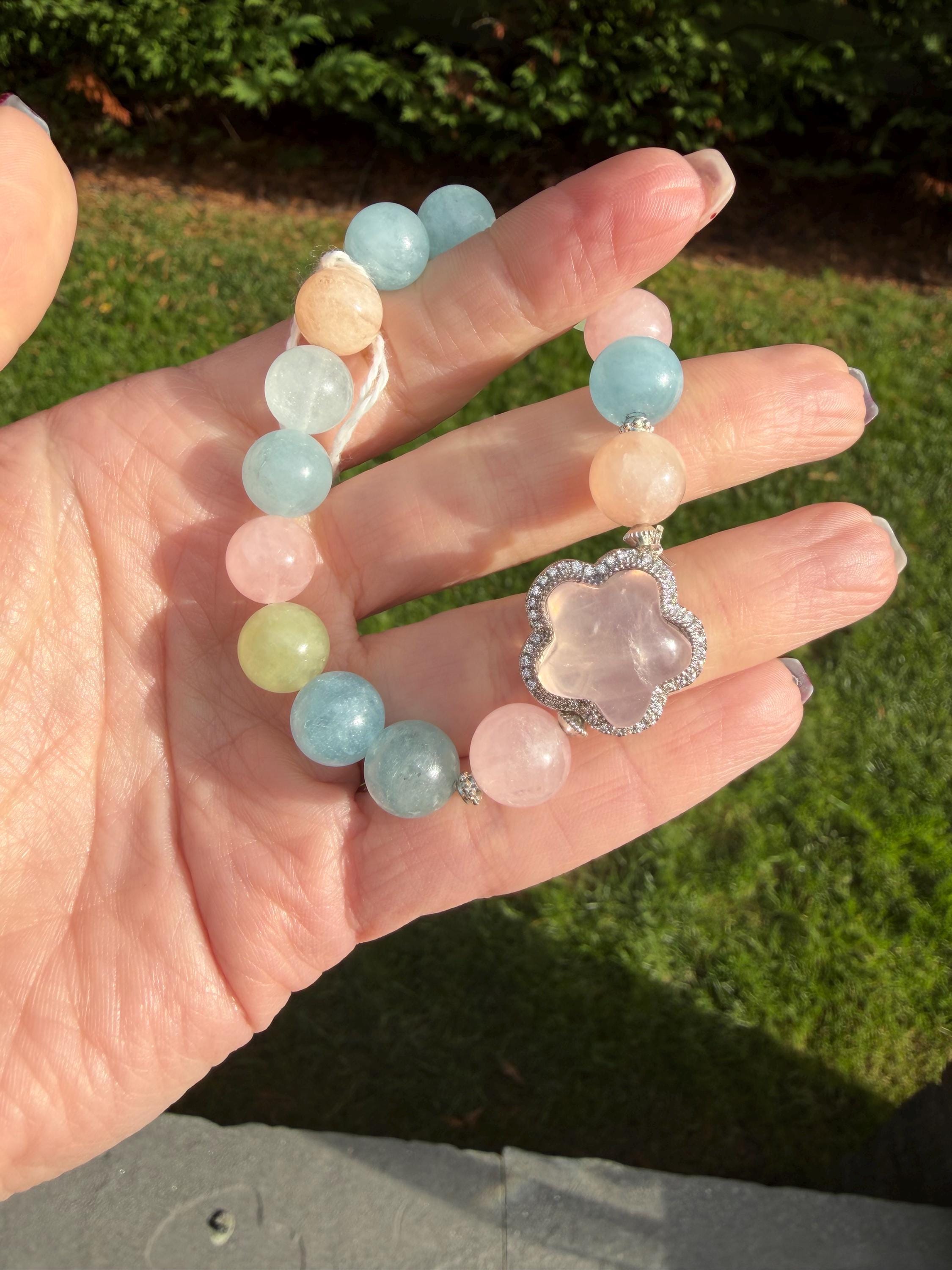 Mixed Beryl Bracelet with Rose Quartz Flower Charm • Aquamarine, Morganite, Heliodor Jewelry 4