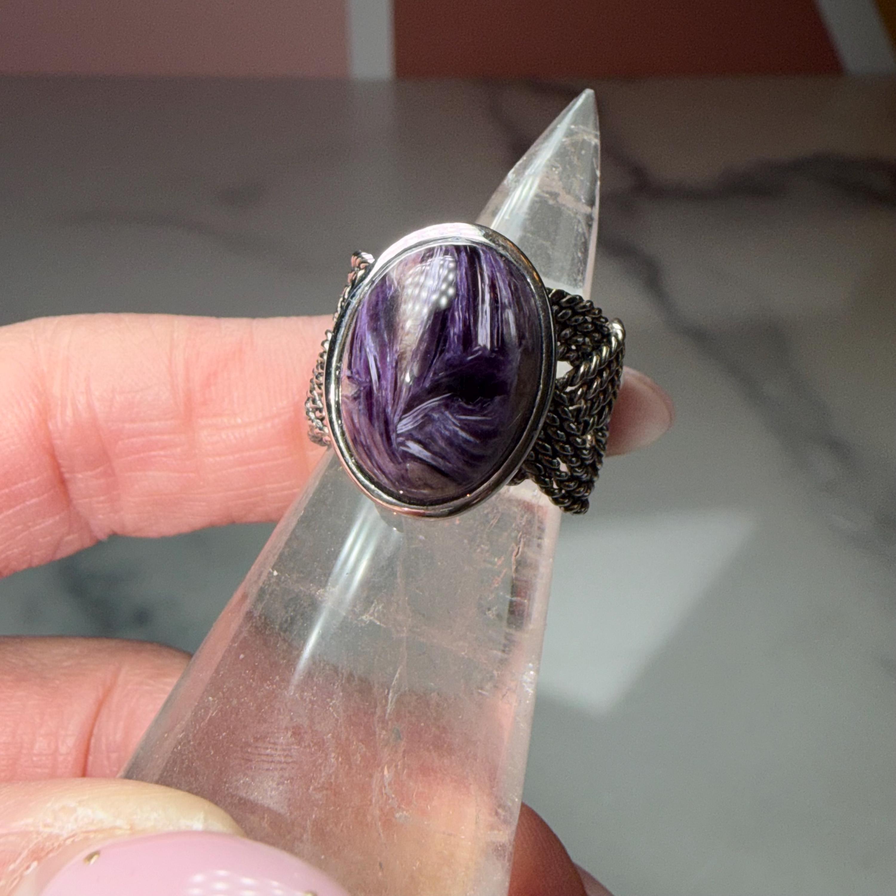 Chariote Sterling Silver Ring, Braided Band, Genuine Charoite Gemstone Size 6 2