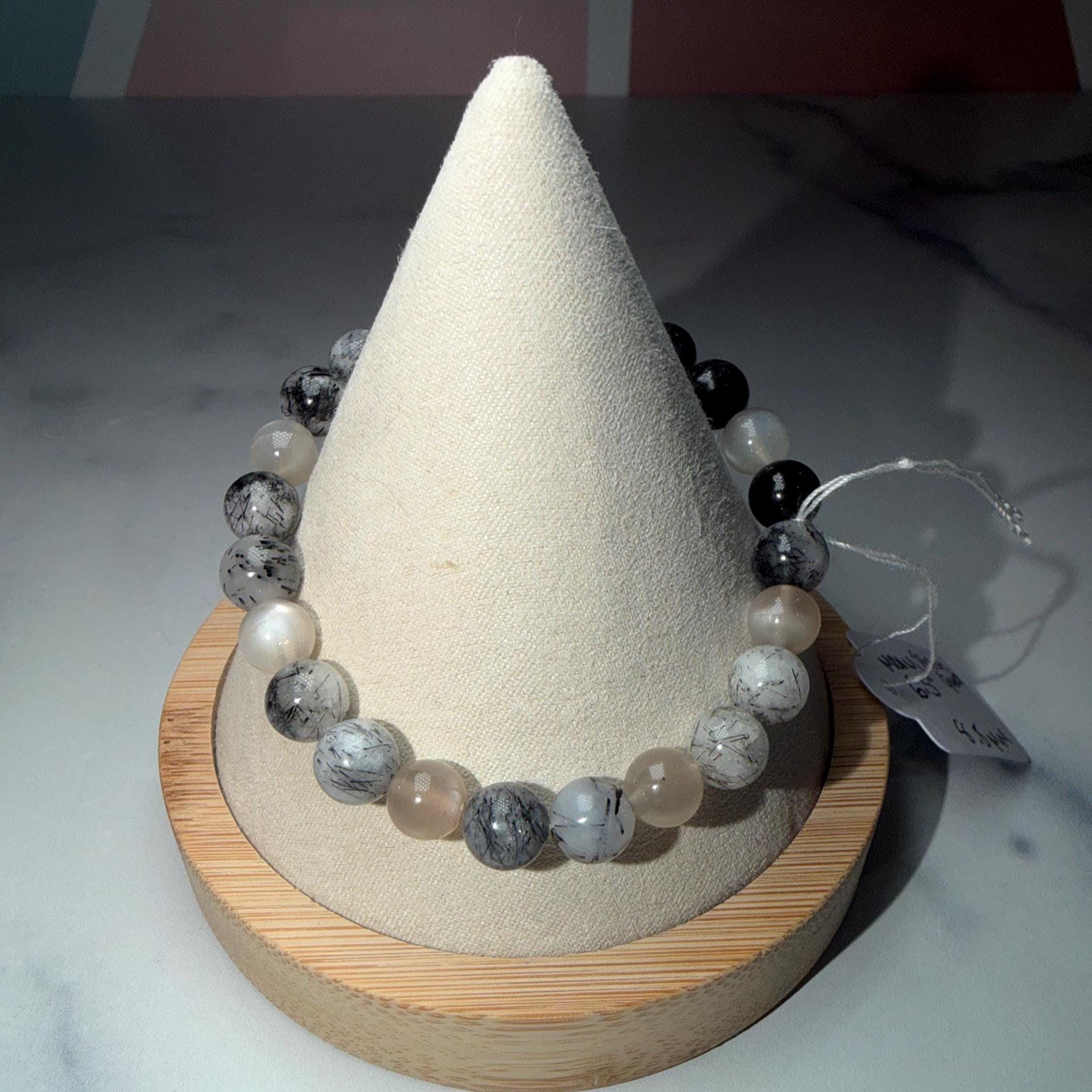 Moonstone and Tourmalated Quartz Stretch Beaded Bracelet, Intuition Protection Balance Jewelry (8.5mm) 3