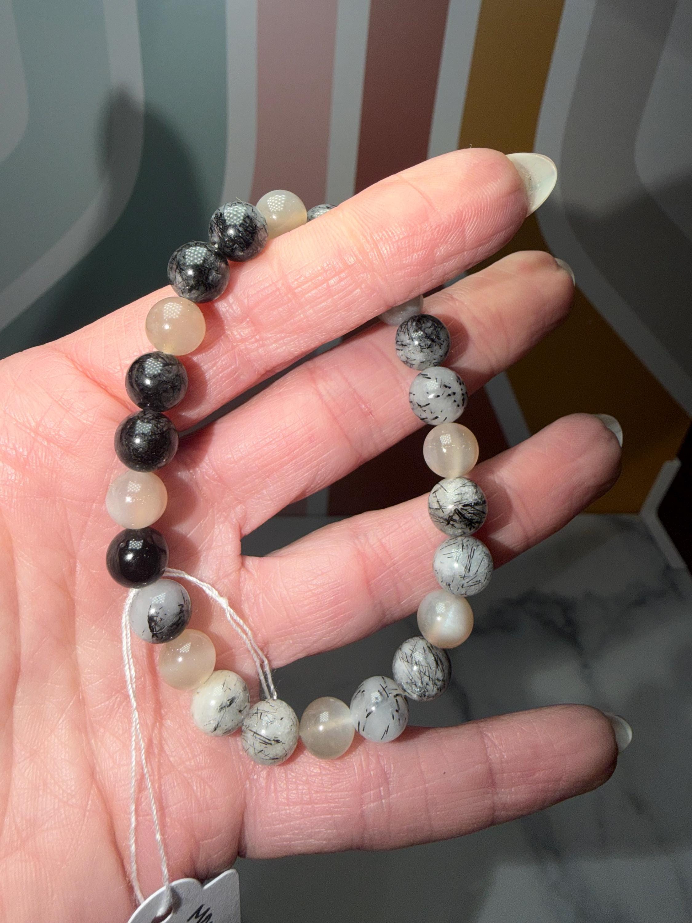 Moonstone and Tourmalated Quartz Stretch Beaded Bracelet, Intuition Protection Balance Jewelry (8.5mm) 2