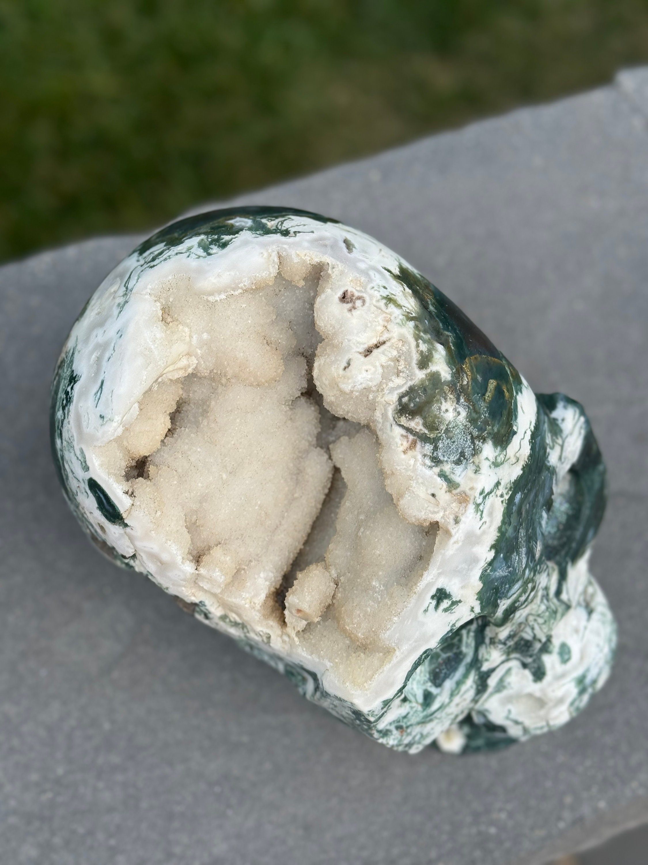Moss Agate Skull Carving • Sugar Druzy Crystal Art, Spiritual Decor 6