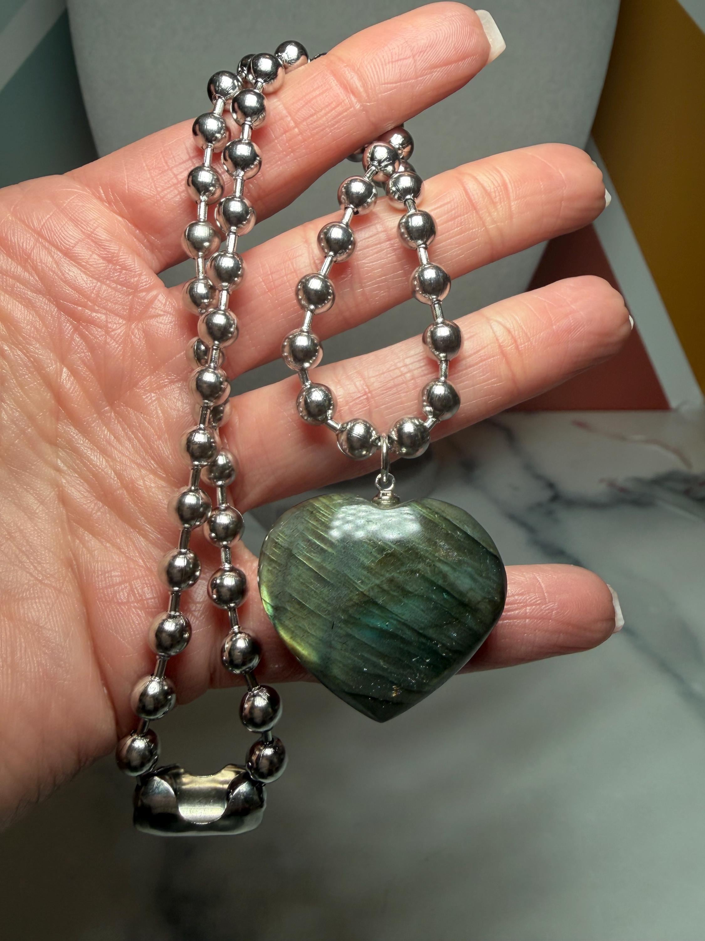 Labradorite Heart Pendant Necklace, Sterling Silver Ball Chain, 17 Inch Gemstone Jewelry 8