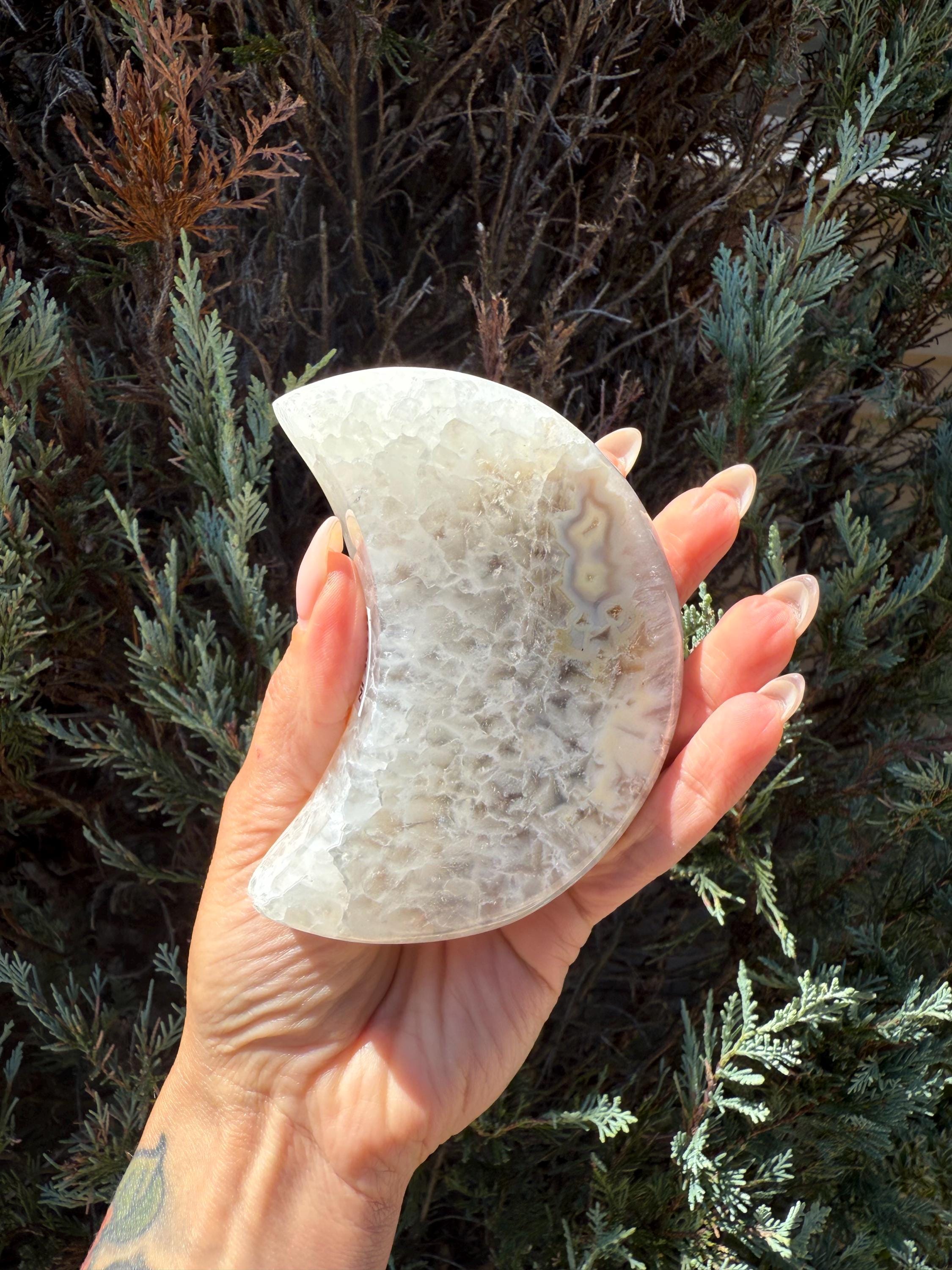 Druzy Brazilian Agate Quartz Crescent Moon Carving, Natural Crystal Sculpture, Spiritual Decor 4
