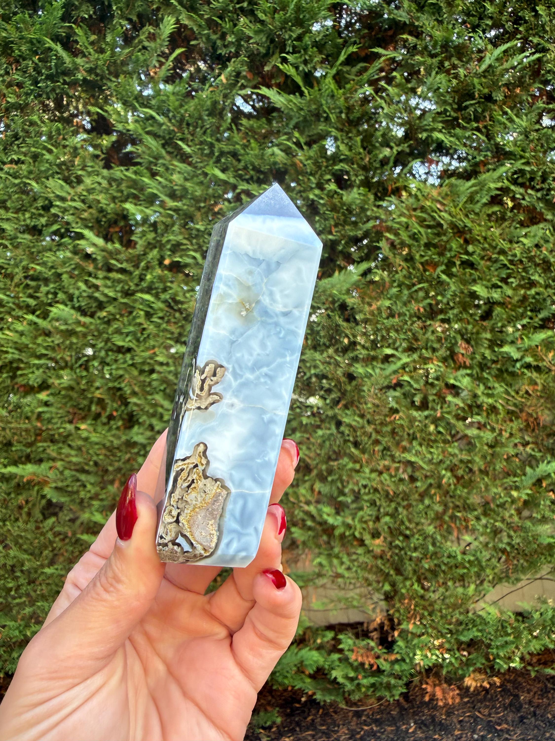 Owyhee Blue Opal Tower • Moss Agate Inclusions, Calming Crystal Point 2