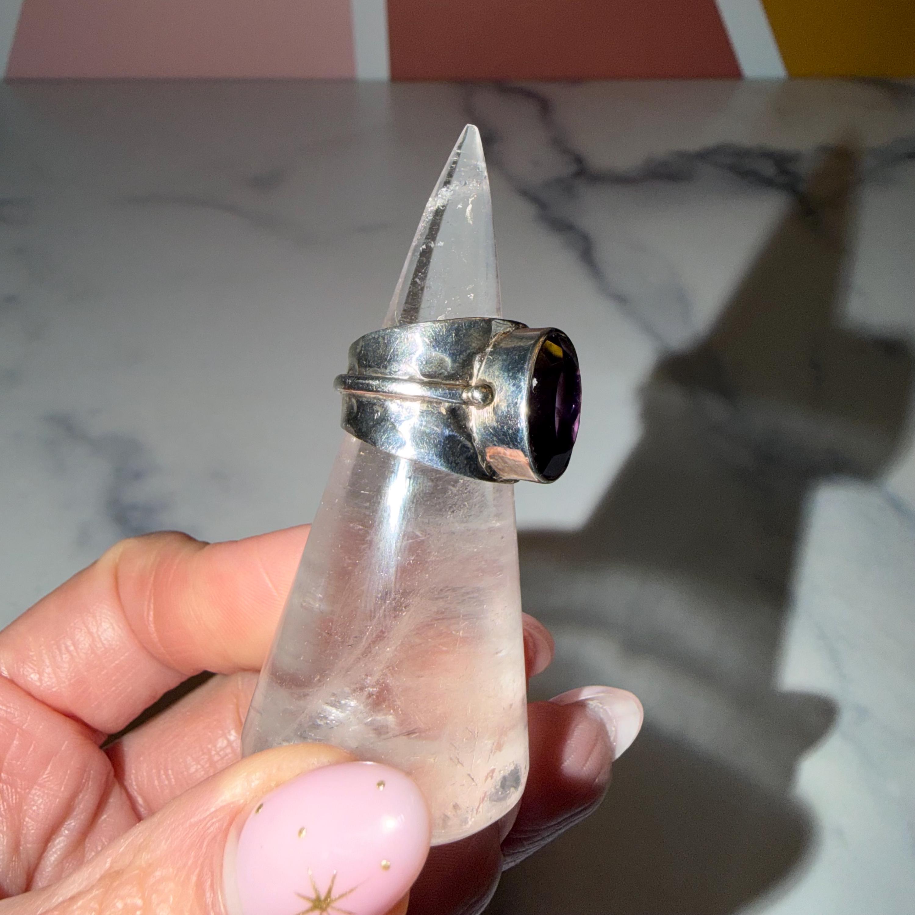 Faceted Amethyst Cigar Band Ring • 925 Sterling Silver • Size 7 • Purple Gemstone Statement Ring • Boho Jewelry 5