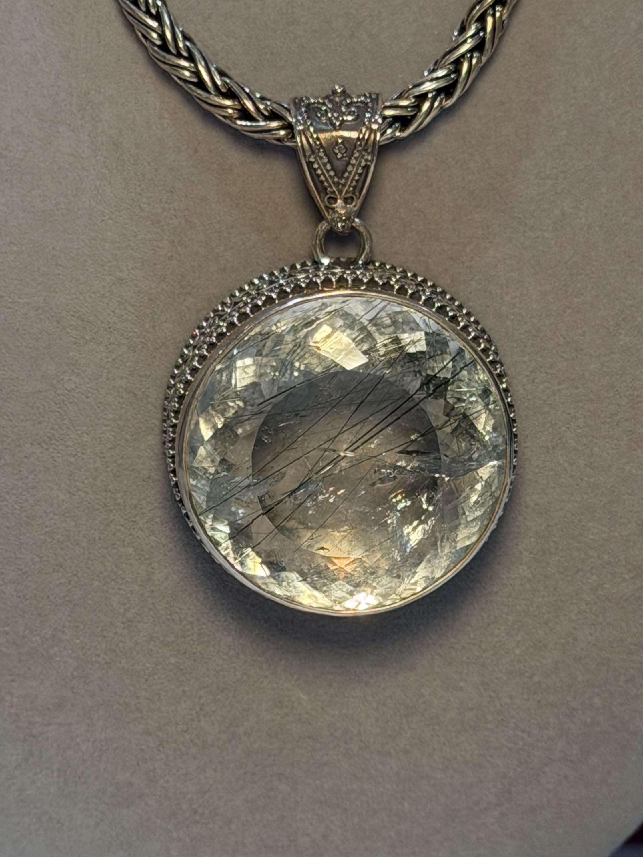 Faceted Rutilated Quartz Pendant, Black Rutile Sterling Silver Ornate Necklace 9