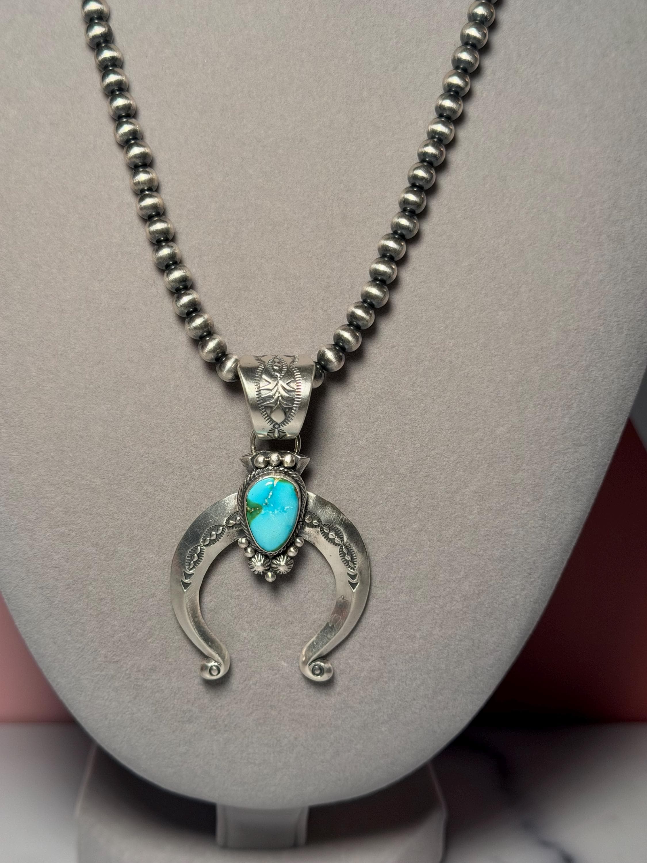 Sonoran Gold Turquoise Naja Pendant with Navajo Pearls, Sterling Silver Native Handmade Stamped Necklace, 18 Inch 6mm Pearls 6