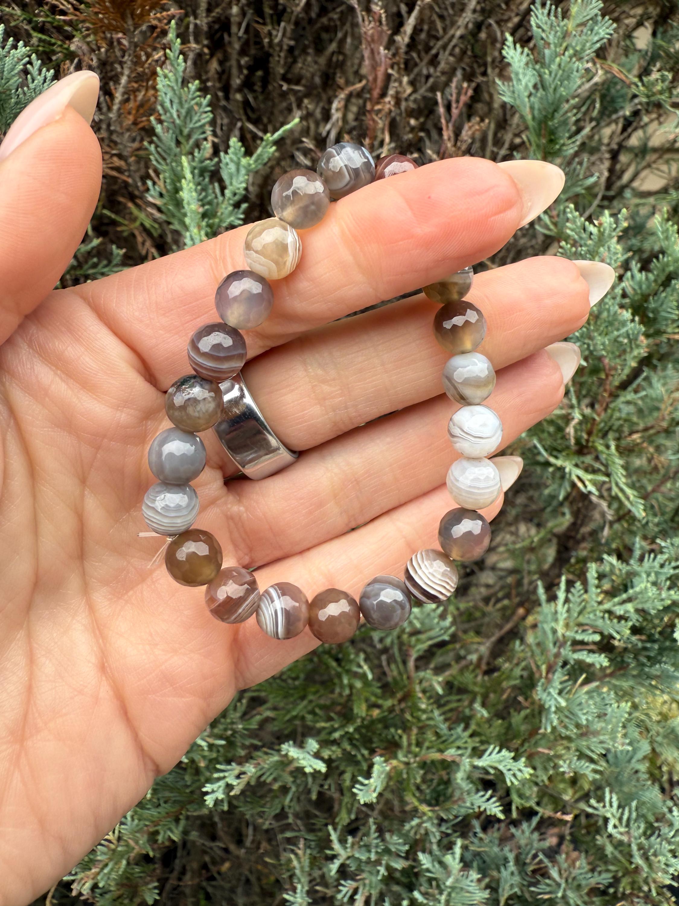 Faceted Botswana Agate Stretch Beaded Bracelet, Natural Gemstone, Grounding Crystal Jewelry (8mm) 9