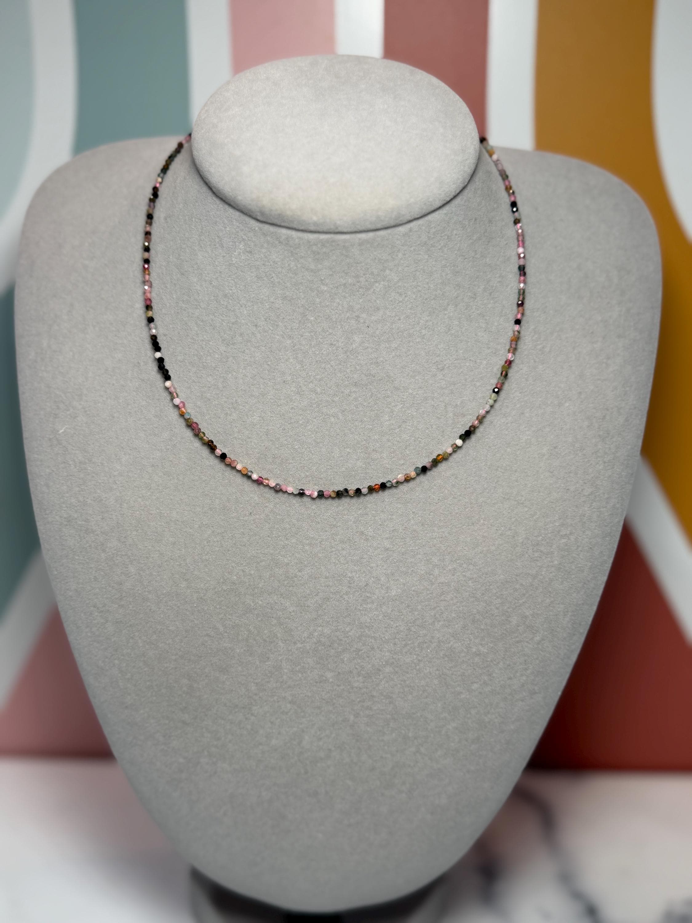 Faceted Mixed Tourmaline Beaded Necklace, Faceted Gemstone, Sterling Silver Chain