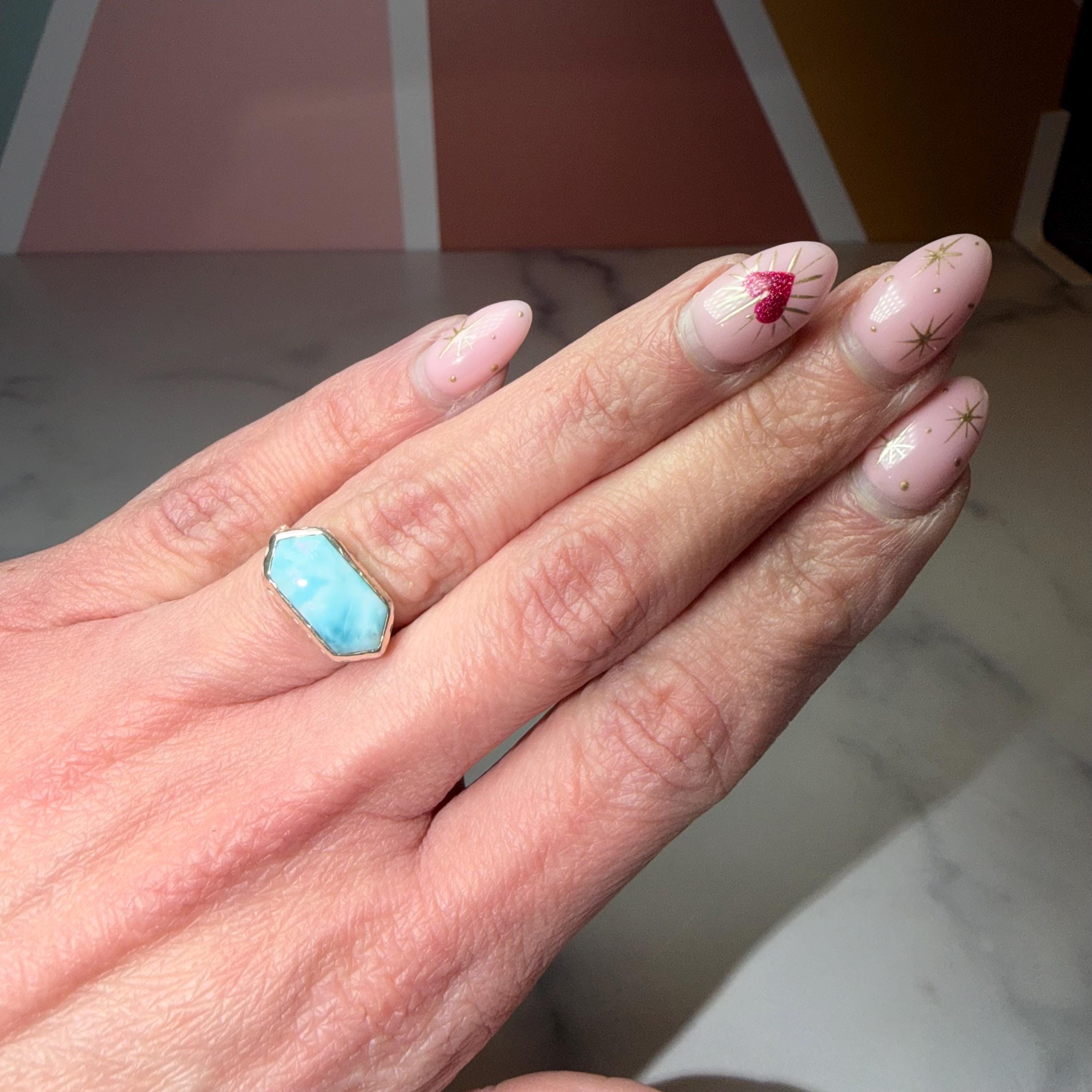 Larimar Ring, Sterling Silver Hammered Band, Ocean Stone Minimalist Jewelry, Size 6 3