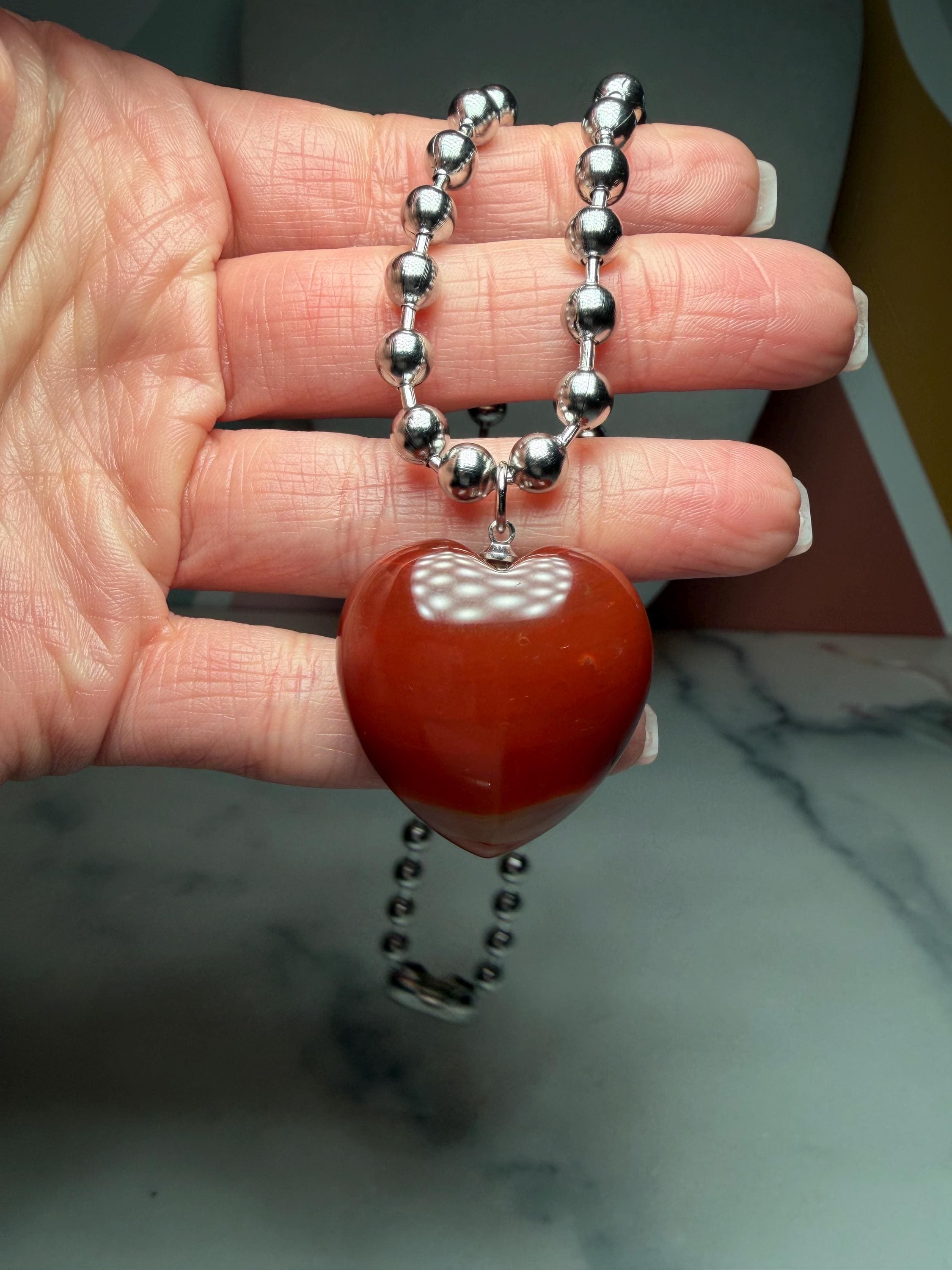 Sterling Silver Carnelian Heart Necklace, 17 Inch Ball Chain Pendant 3