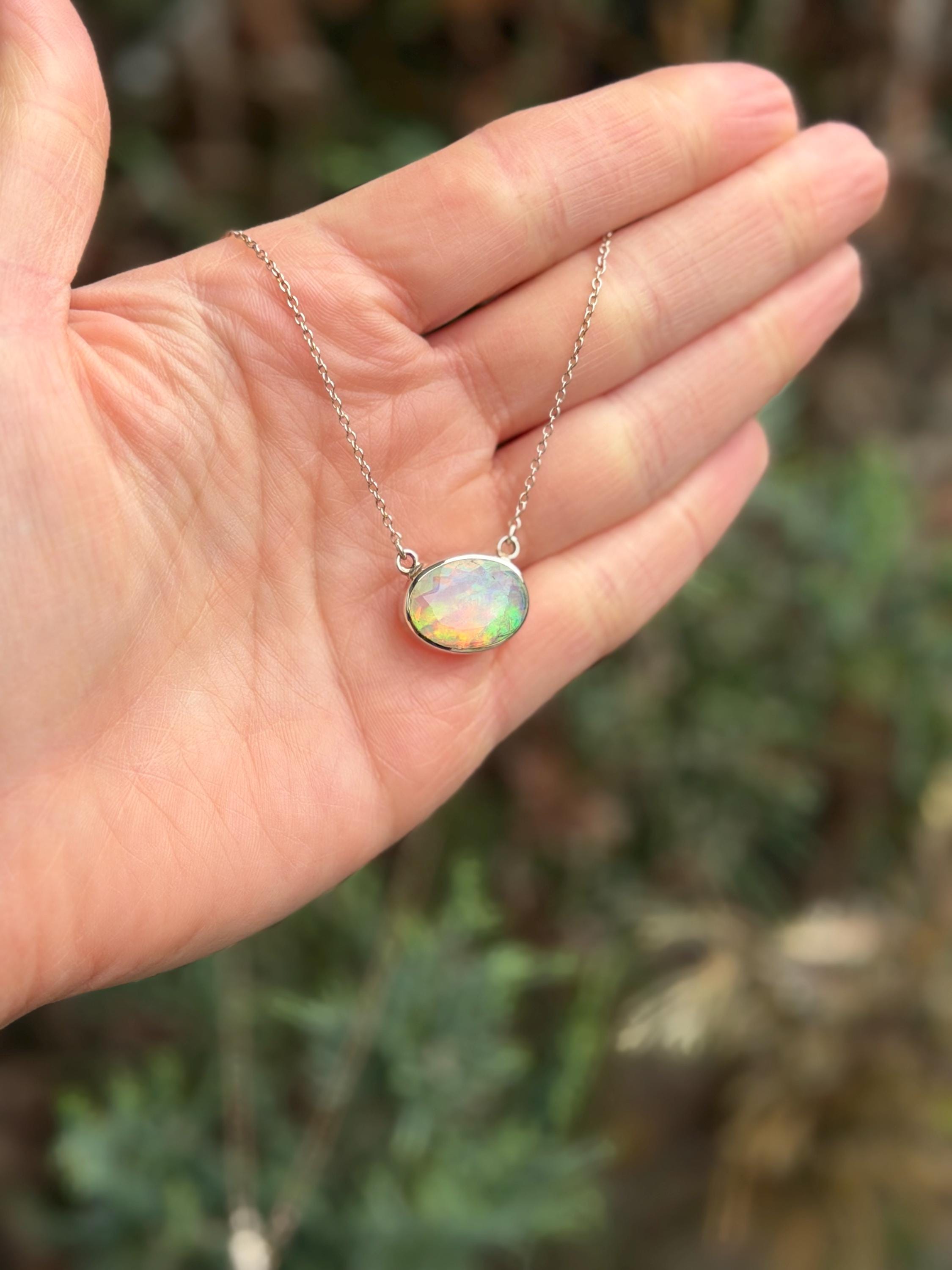 Ethiopian Opal Oval Necklace, 925 Sterling Silver Statement Jewelry