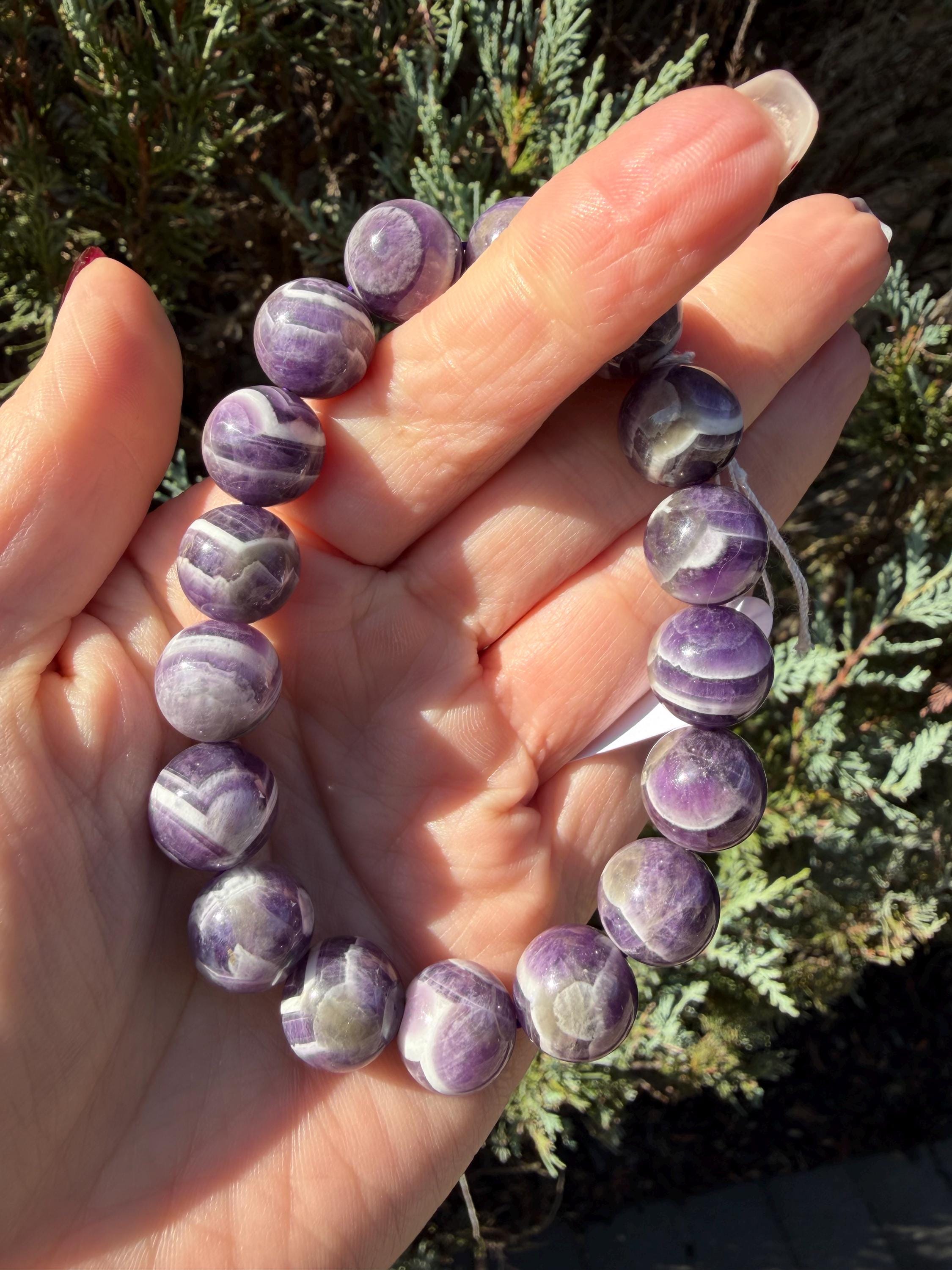 Chevron Dream Amethyst Smoky Quartz Bracelet • 13mm Beaded Crystal Jewelry • Intuition Clarity 7