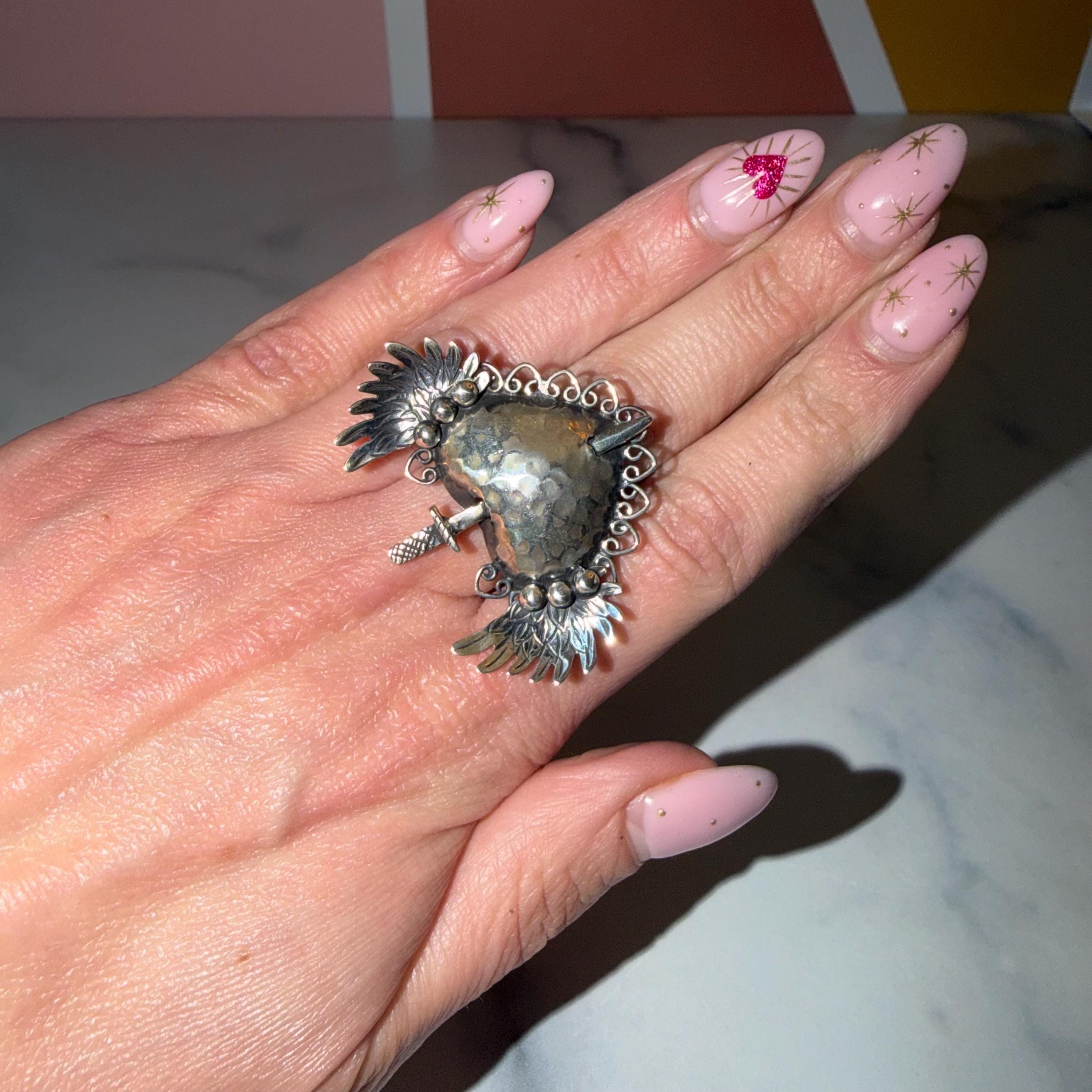 Sacred Heart Dagger Ring • 925 Sterling Silver • Adjustable Size • Gothic Statement Ring • Religious Jewelry 3