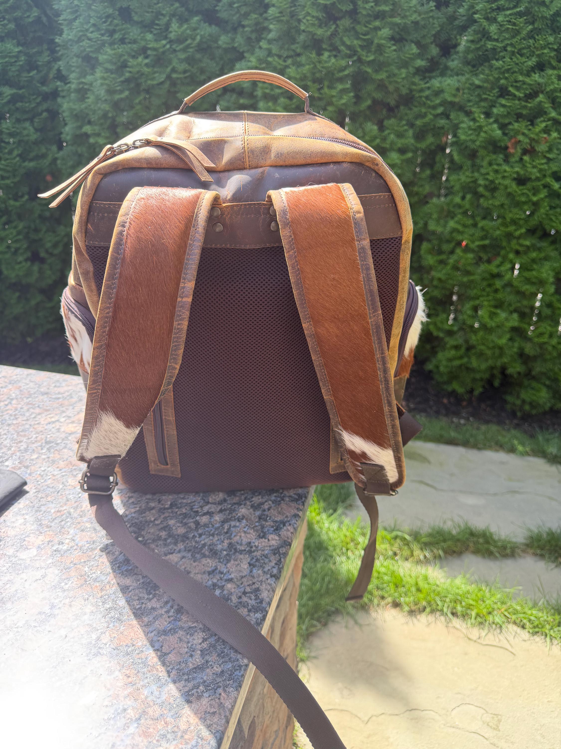 Western Cowhide & Leather Backpack – Hair-On Hide Rustic Travel Bag 7