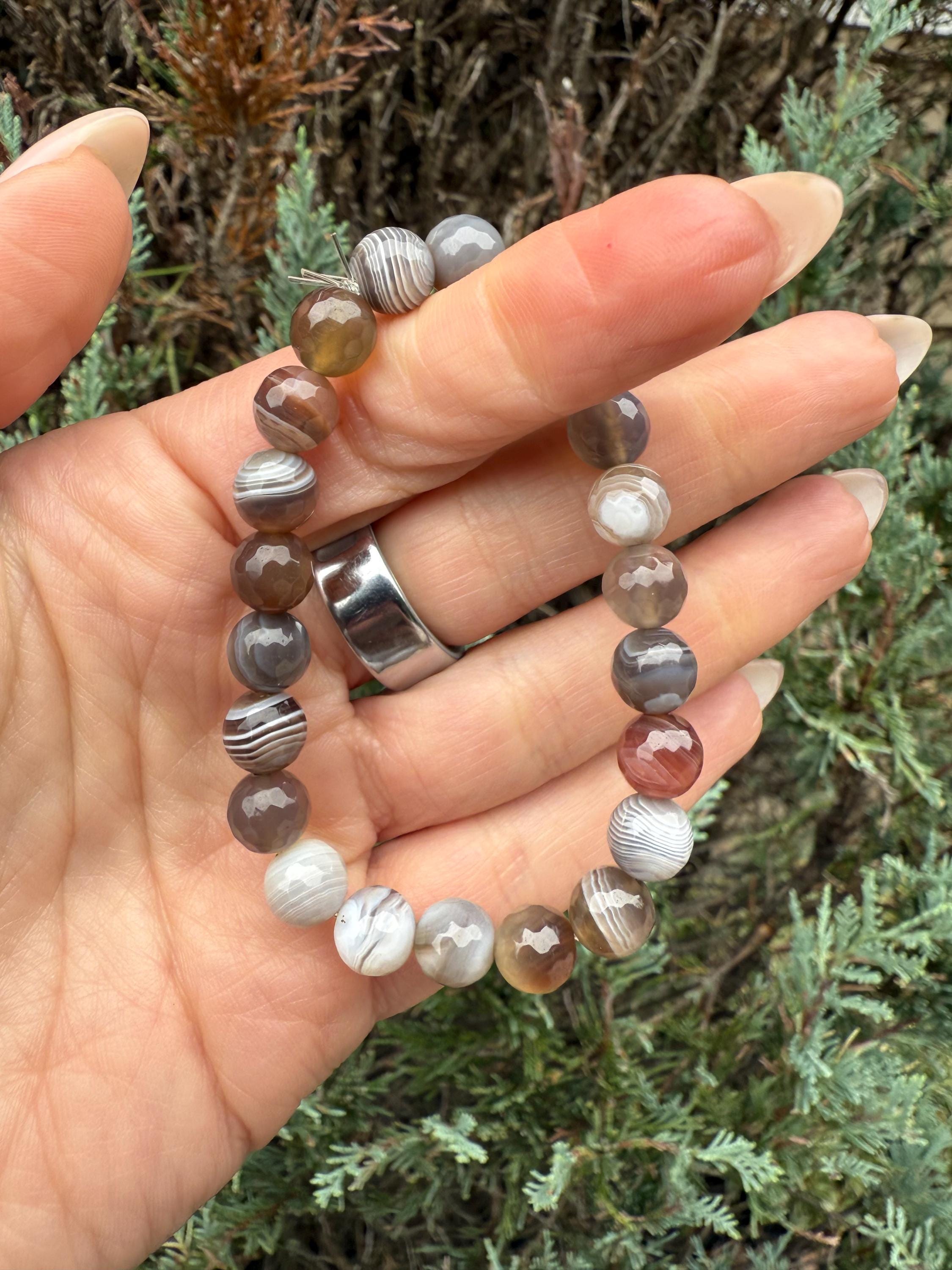 Faceted Botswana Agate Stretch Beaded Bracelet, Natural Gemstone, Grounding Crystal Jewelry (8mm)