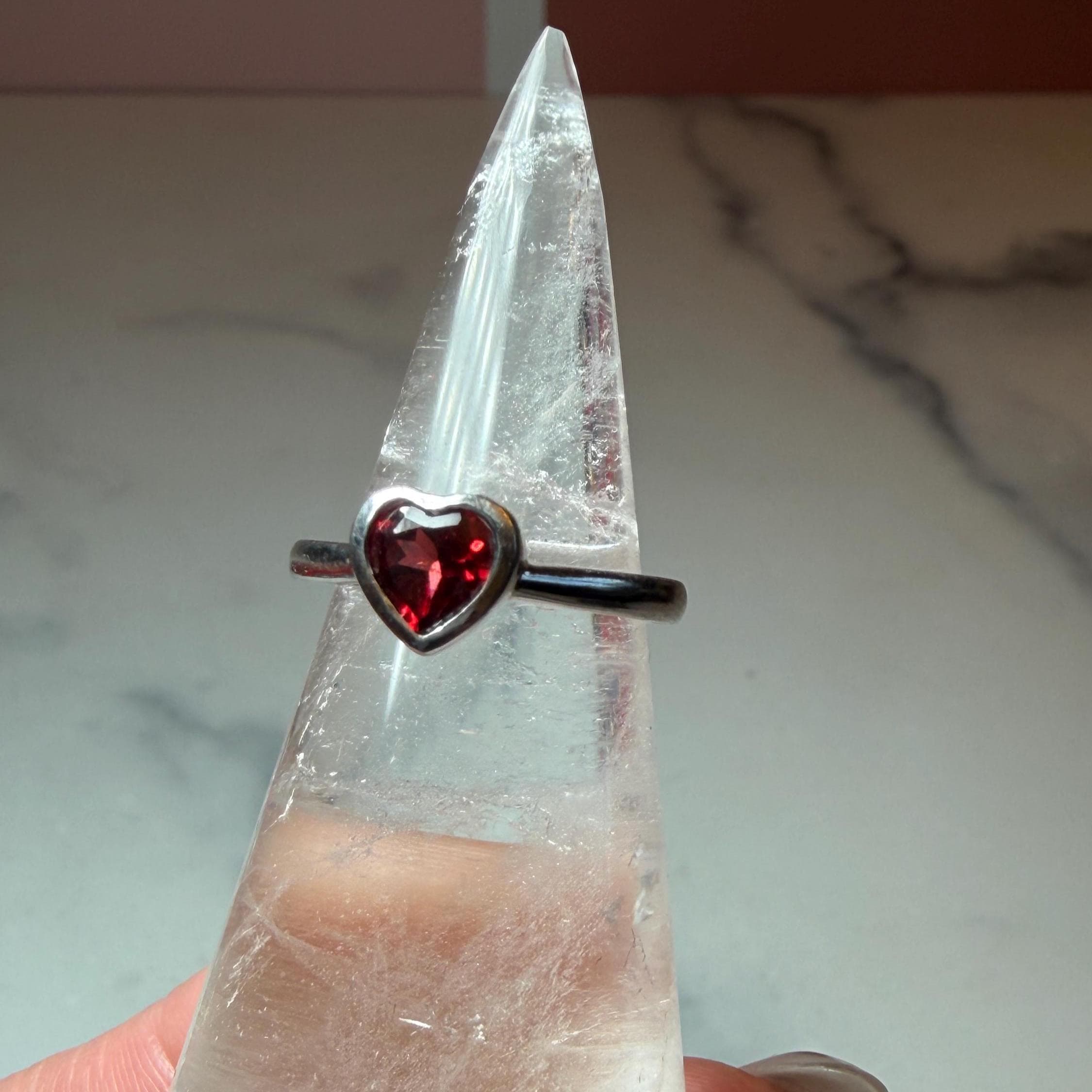 Faceted Garnet Heart Ring • Dainty Sterling Silver Boho Jewelry (size 6.25)