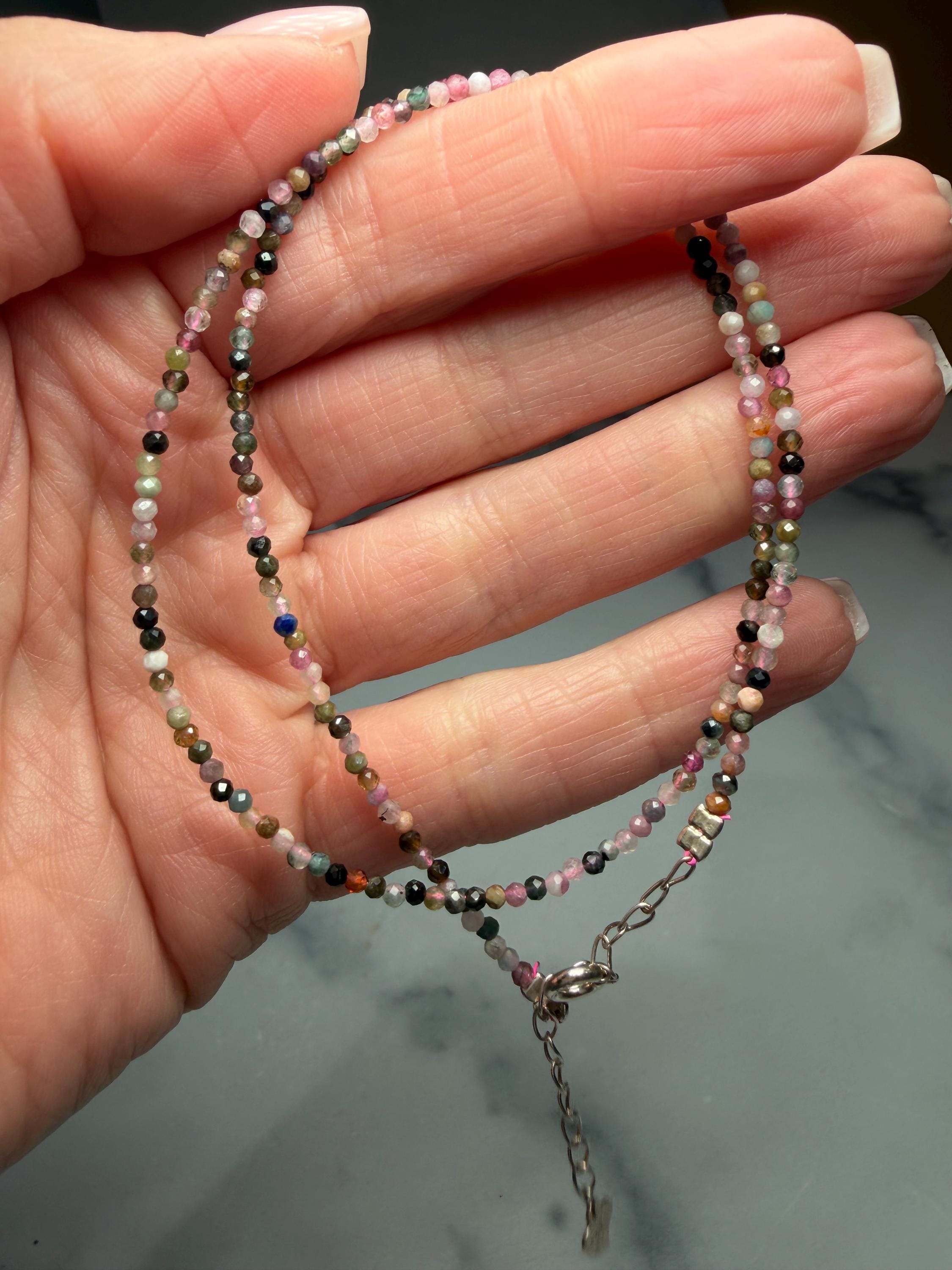 Faceted Mixed Tourmaline Beaded Necklace, Faceted Gemstone, Sterling Silver Chain 4