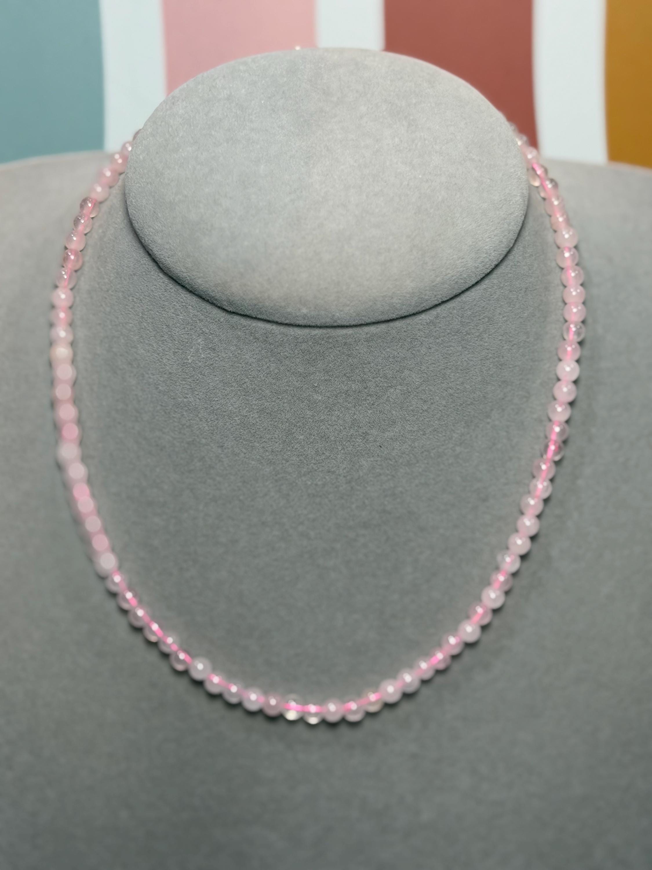 Polished Rose Quartz Beaded Necklace, 925 Sterling Silver, Pink Gemstone, Adjustable Chain 5
