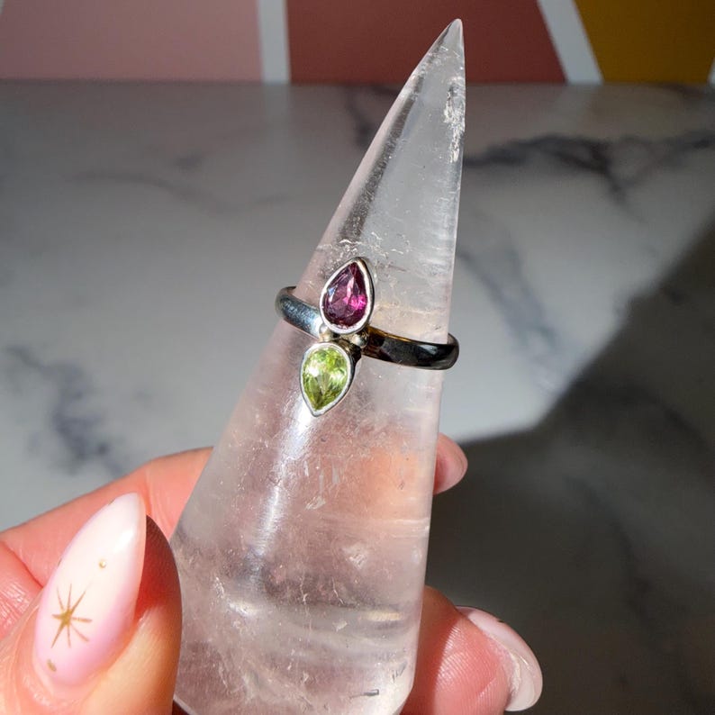 Pink & Green Tourmaline Ring • 925 Sterling Silver • Size 7 • Colorful Gemstone Ring • Dainty Statement Jewelry image 1