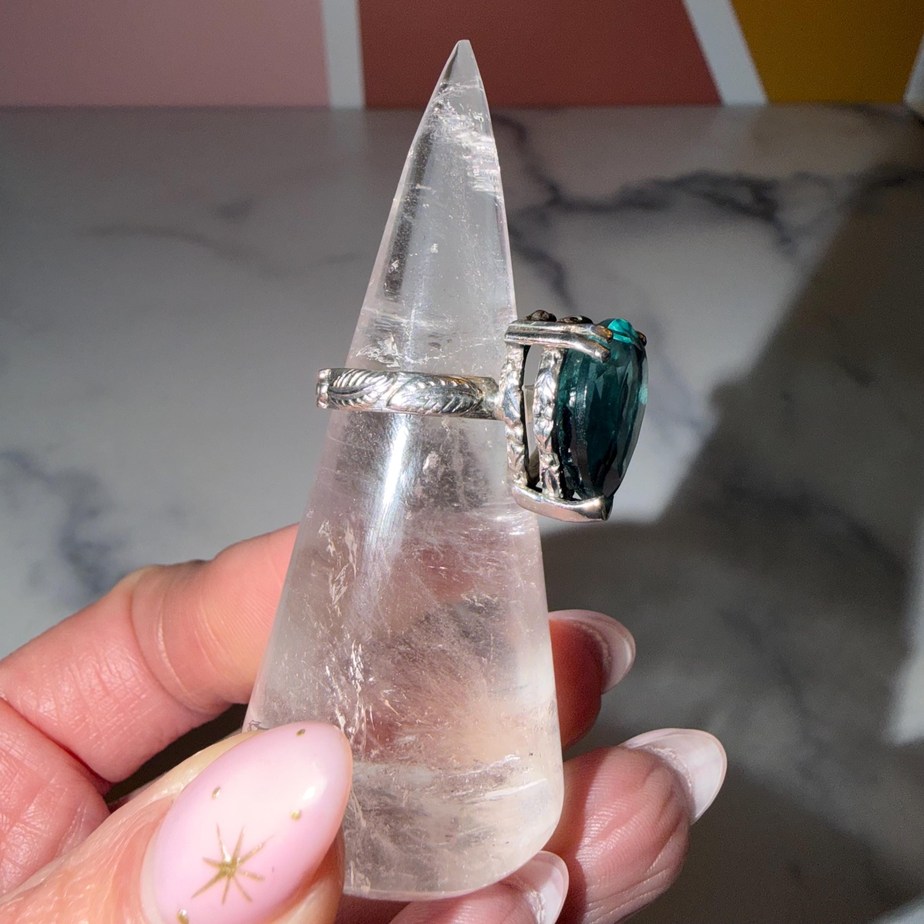 Blue Fluorite Teardrop Ring • Sterling Silver Floral Band • Boho Statement Ring (Size 7) 5