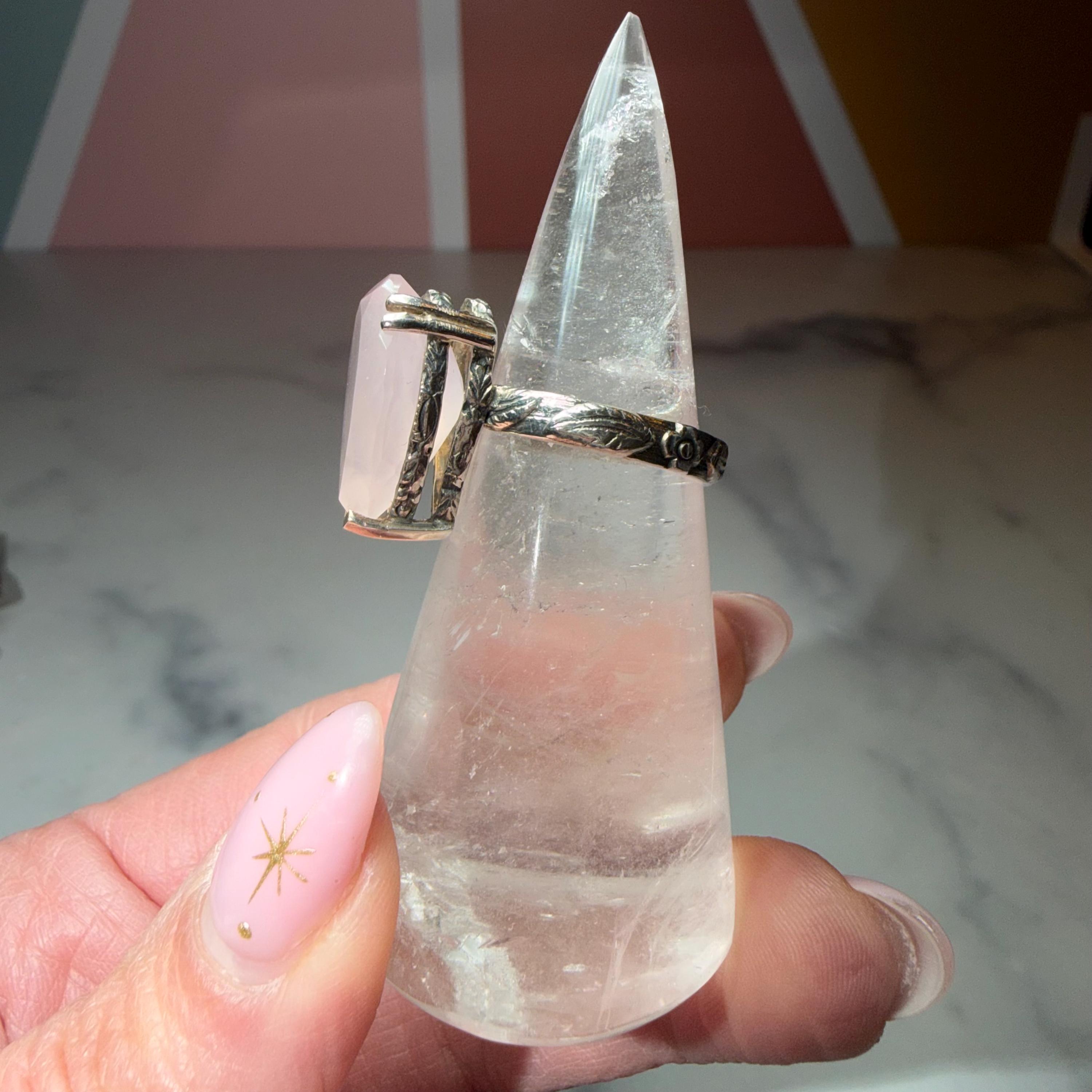 Faceted Rose Quartz Tear Drop Ring, Sterling Silver Ornate Band, Size 7.25 4